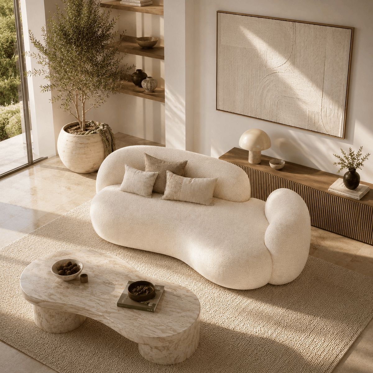 Montara Living 3-Seater Cream Contemporary Curved Sofa with Rounded Arms