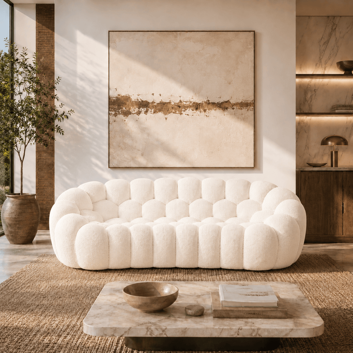 Montara Living 3-Seater White Contemporary Bubble Sofa with Rounded Shape