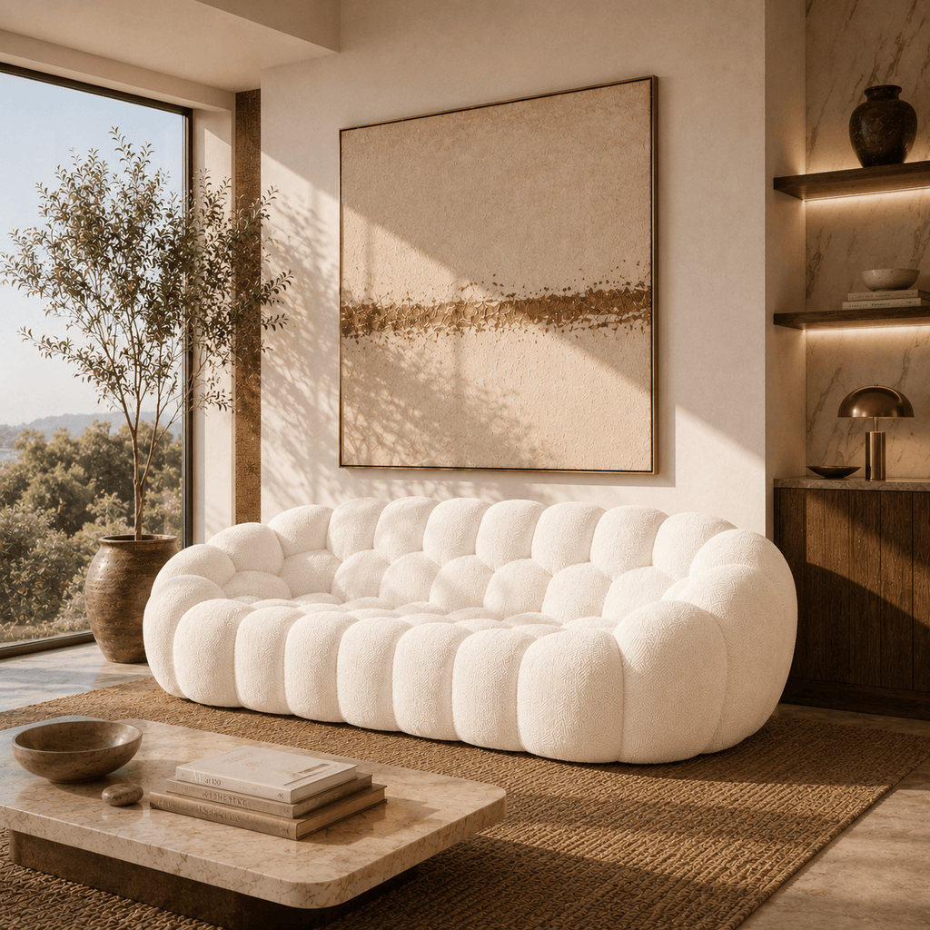 Montara Living 3-Seater White Contemporary Bubble Sofa with Rounded Shape