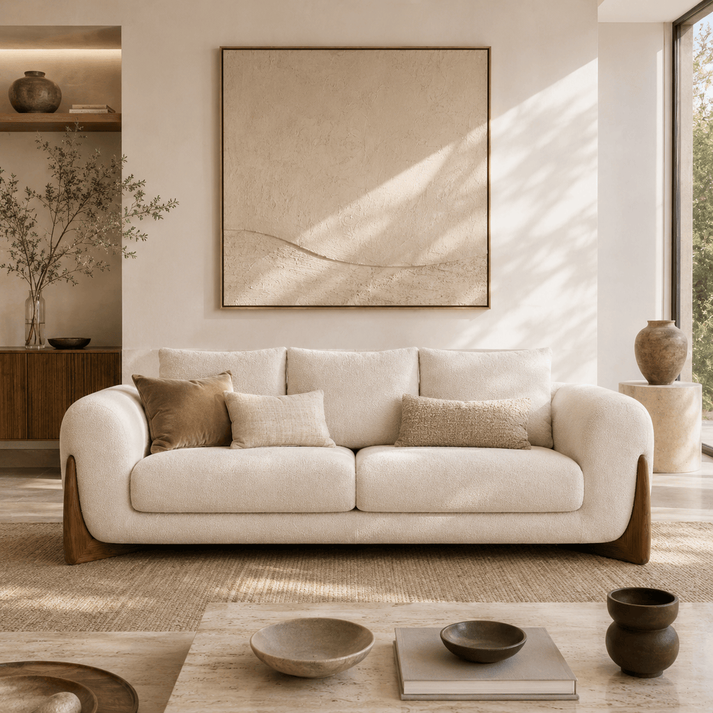 Montara Living 4-Seater Cream Contemporary Sofa with Rounded Arms and Wood Trim