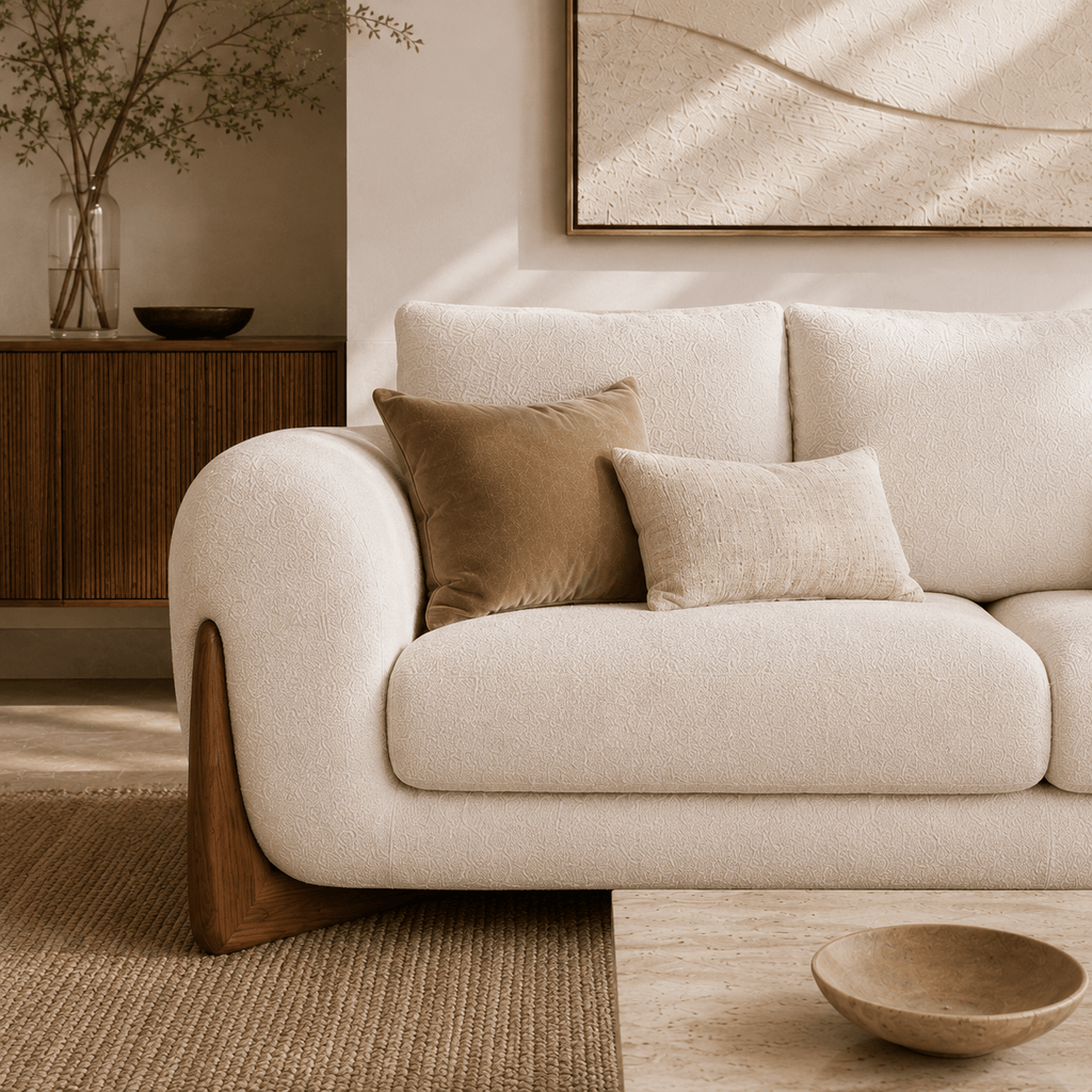 Montara Living 4-Seater Cream Contemporary Sofa with Rounded Arms and Wood Trim