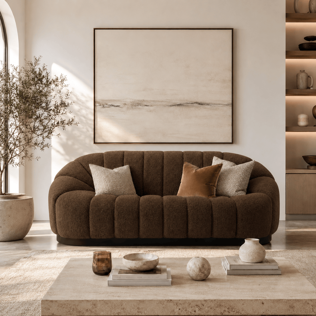 Montara Living 3-Seater Brown Contemporary Channel Tufted Sofa with Rounded Arms