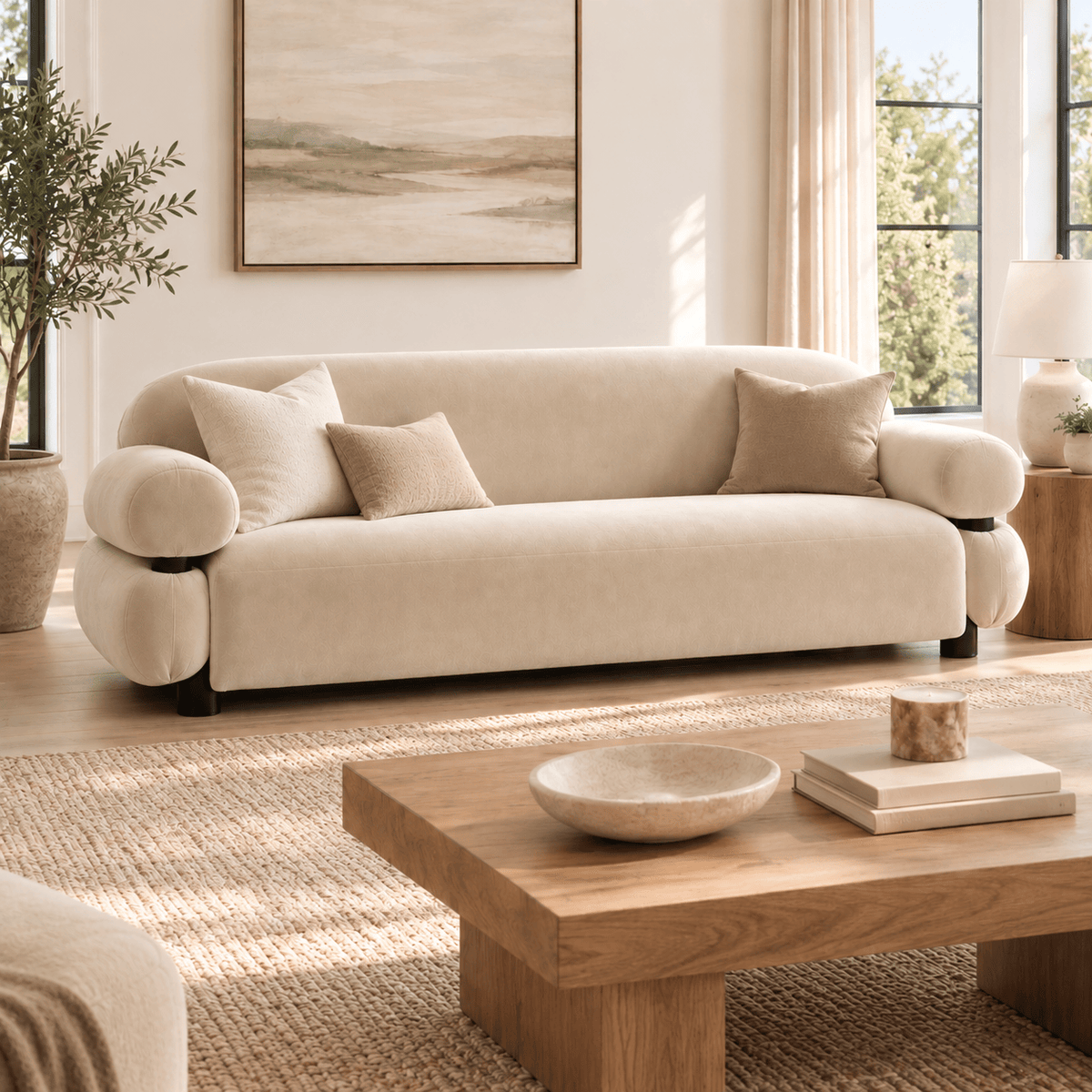 Montara Living 3-Seater Cream Beige Contemporary Rounded Arm Sofa Image