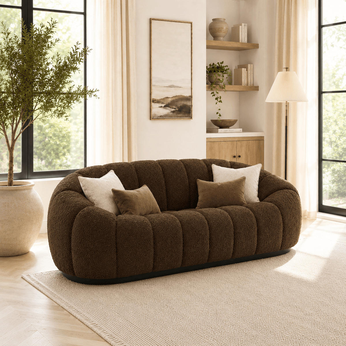 Montara Living 3-Seater Brown Contemporary Channel Boucle Sofa with Rounded Arms
