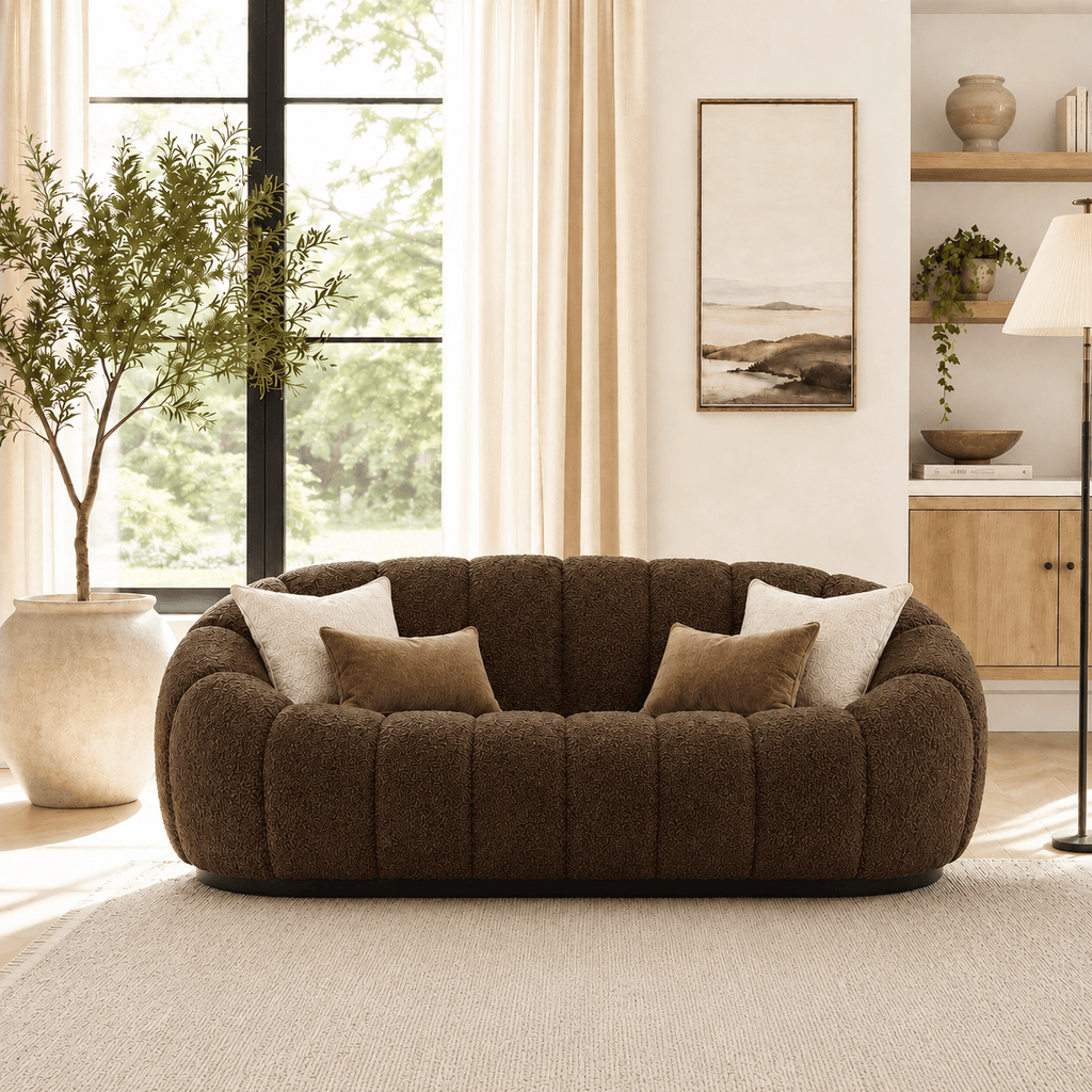 Montara Living 3-Seater Brown Contemporary Channel Boucle Sofa with Rounded Arms