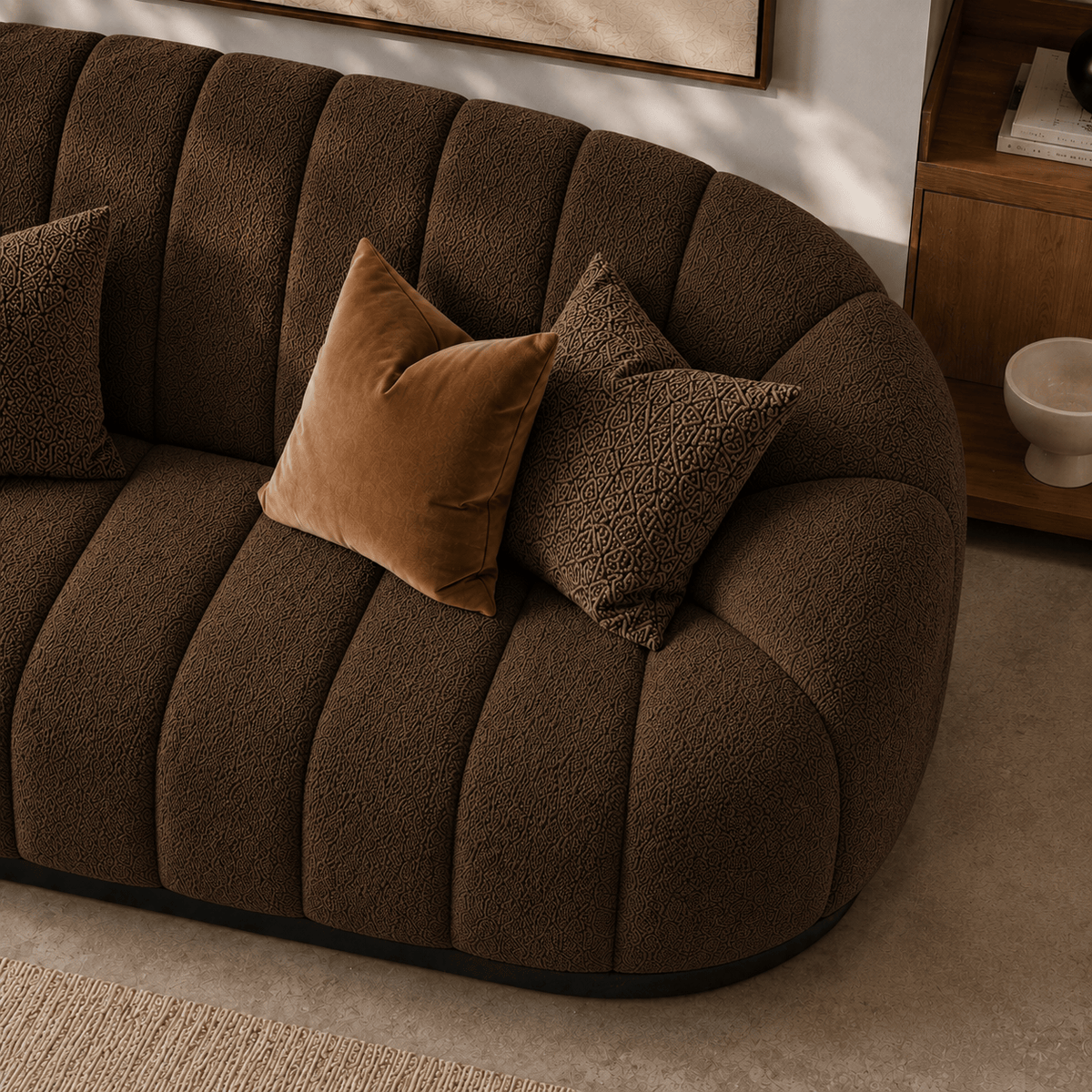 Montara Living 3-Seater Brown Contemporary Channel Tufted Sofa with Rounded Arms