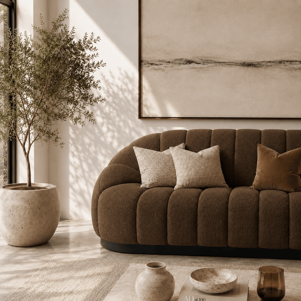 Montara Living 3-Seater Brown Contemporary Channel Tufted Sofa with Rounded Arms