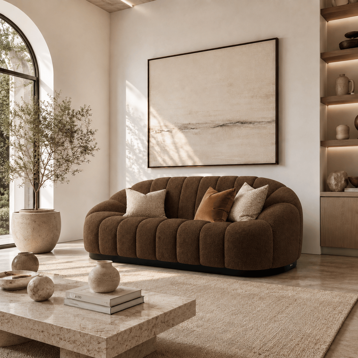 Montara Living 3-Seater Brown Contemporary Channel Tufted Sofa with Rounded Arms Image