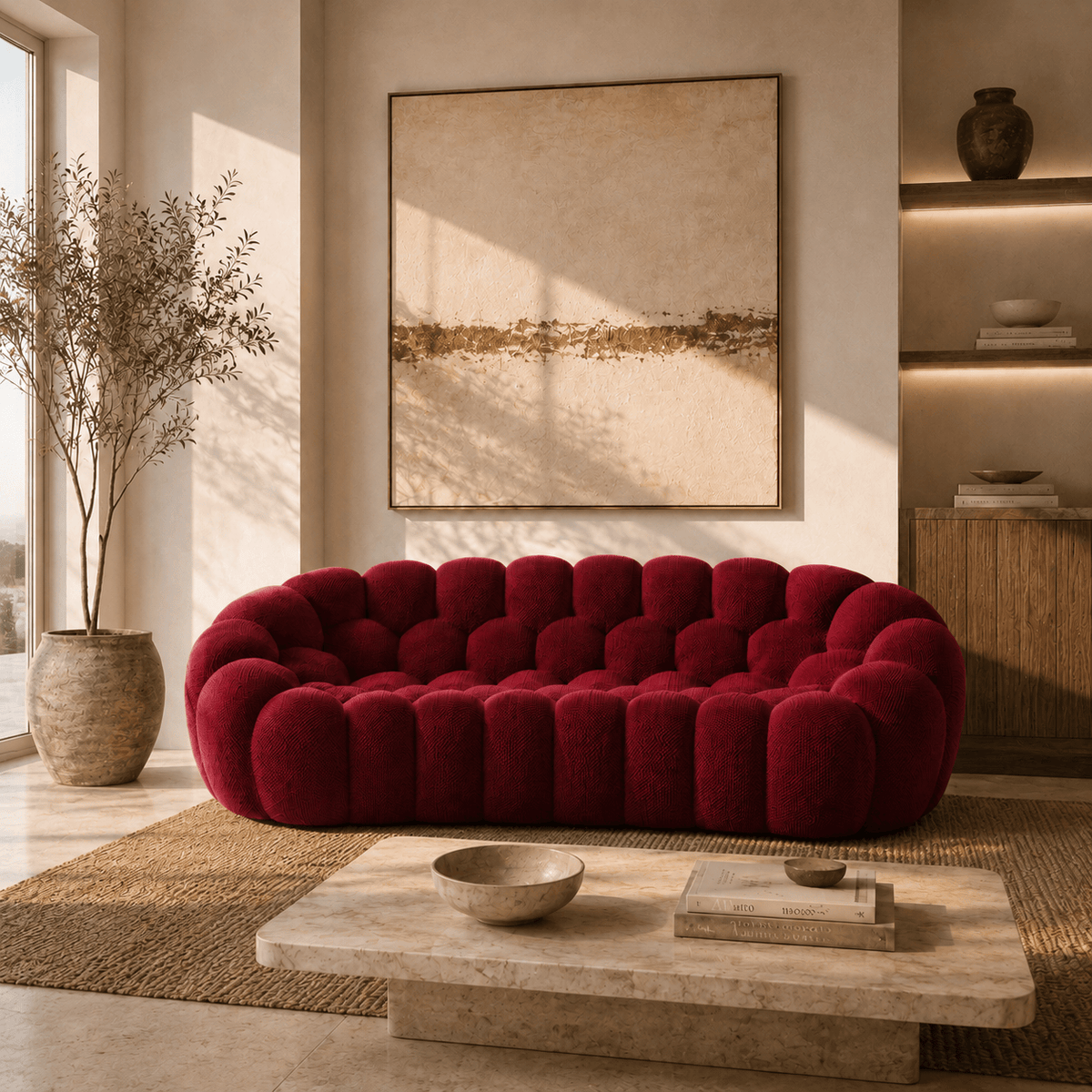 Montara Living 3-Seater Burgundy Contemporary Bubble Sofa with Rounded Shape