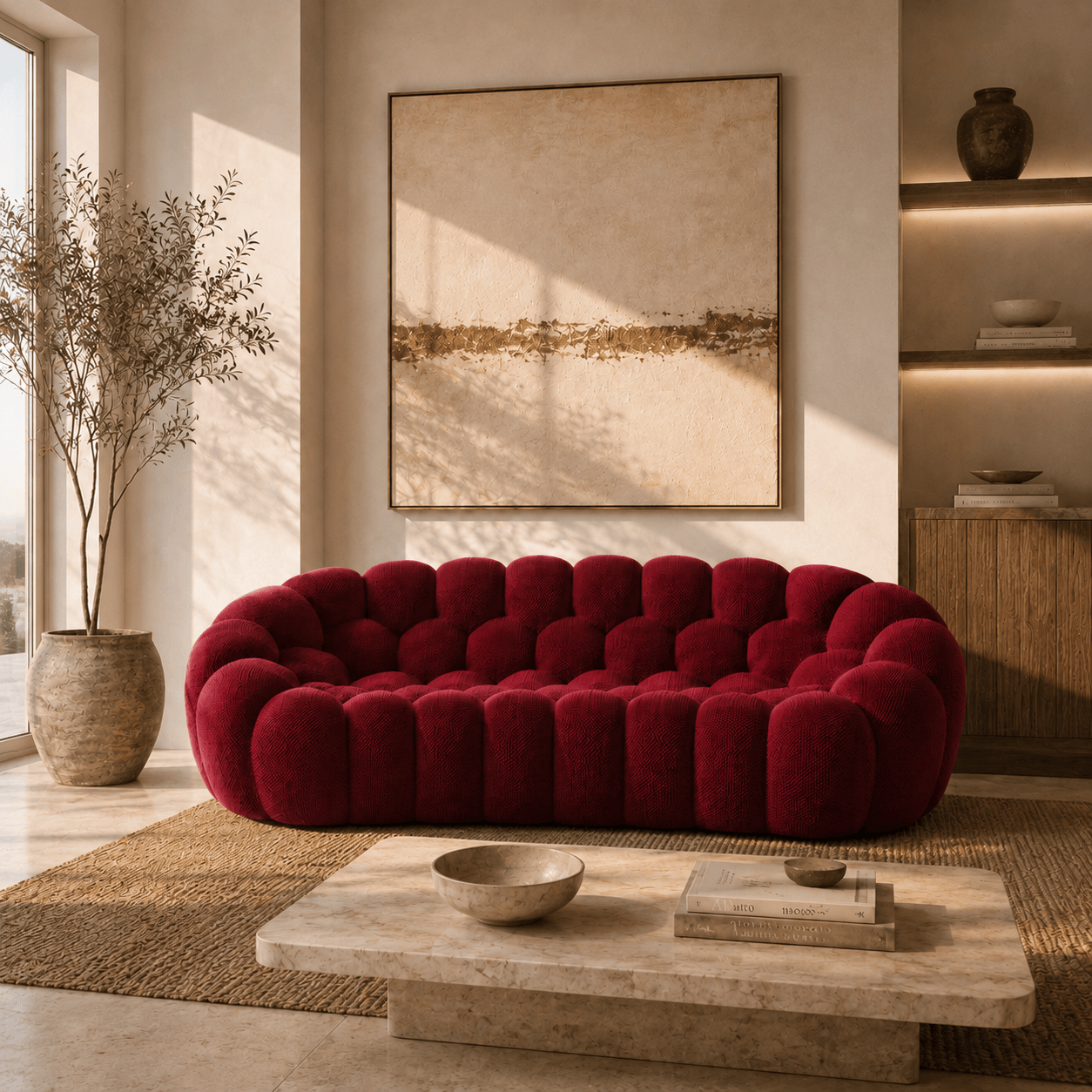 Montara Living 3-Seater Burgundy Contemporary Bubble Sofa with Rounded Shape Image