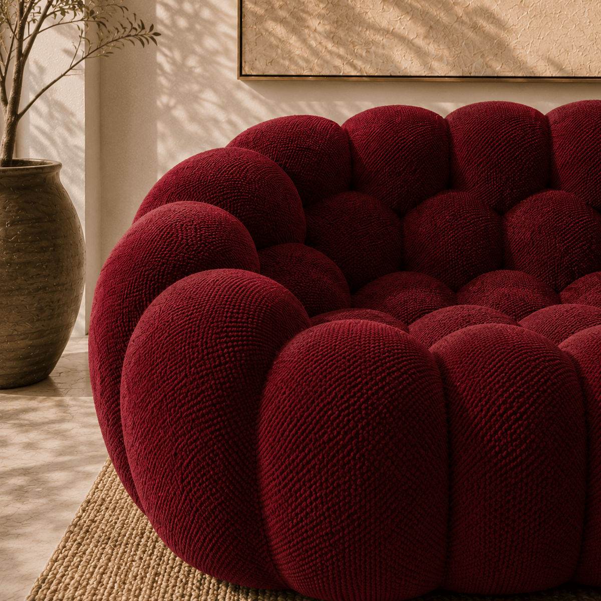 Montara Living 3-Seater Burgundy Contemporary Bubble Sofa with Rounded Shape