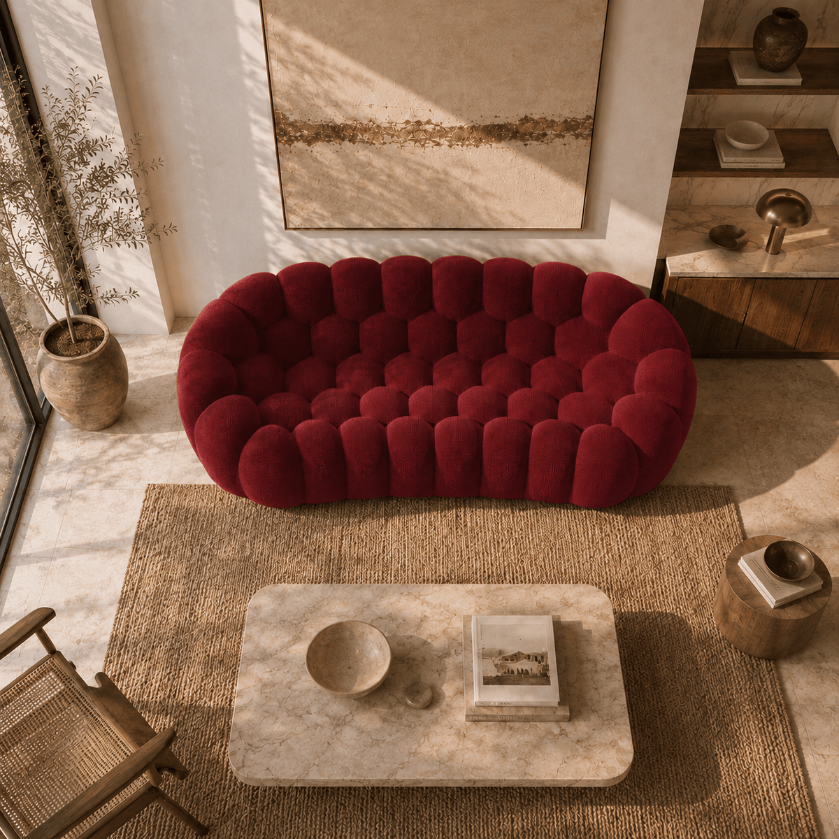 Montara Living 3-Seater Burgundy Contemporary Bubble Sofa with Rounded Shape