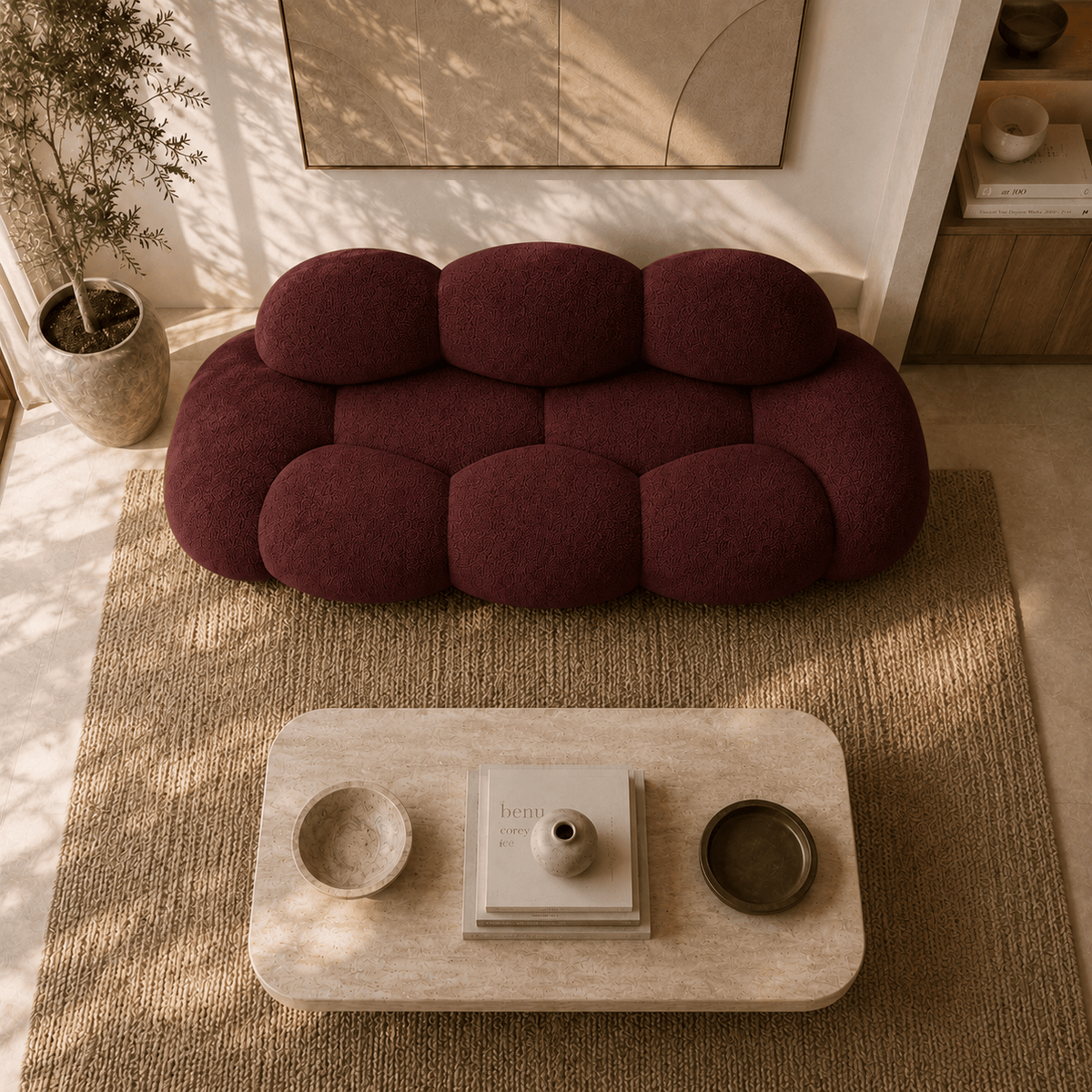 Montara Living 3-Seater Burgundy Contemporary Cloud Sofa with Rounded Silhouette
