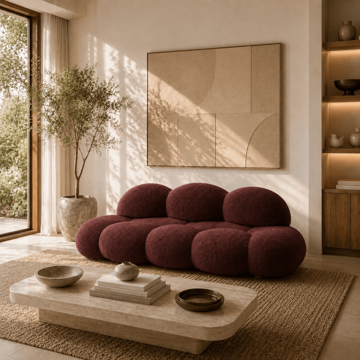 Montara Living 3-Seater Burgundy Contemporary Cloud Sofa with Rounded Silhouette