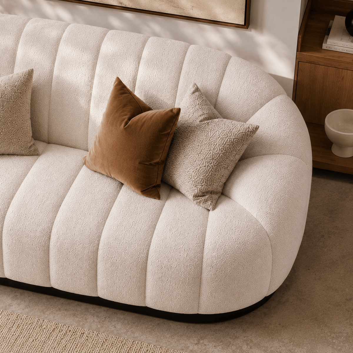 Montara Living 3-Seater Cream Contemporary Channel Tufted Sofa with Rounded Arms
