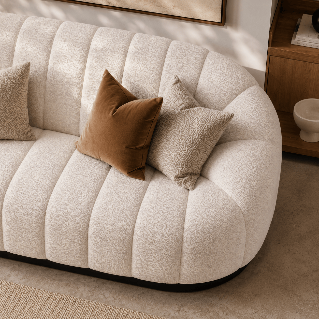 Montara Living 3-Seater Cream Contemporary Channel Tufted Sofa with Rounded Arms Image