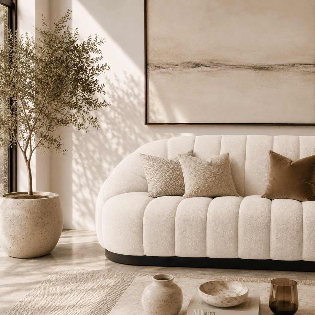 Montara Living 3-Seater Cream Contemporary Channel Tufted Sofa with Rounded Arms
