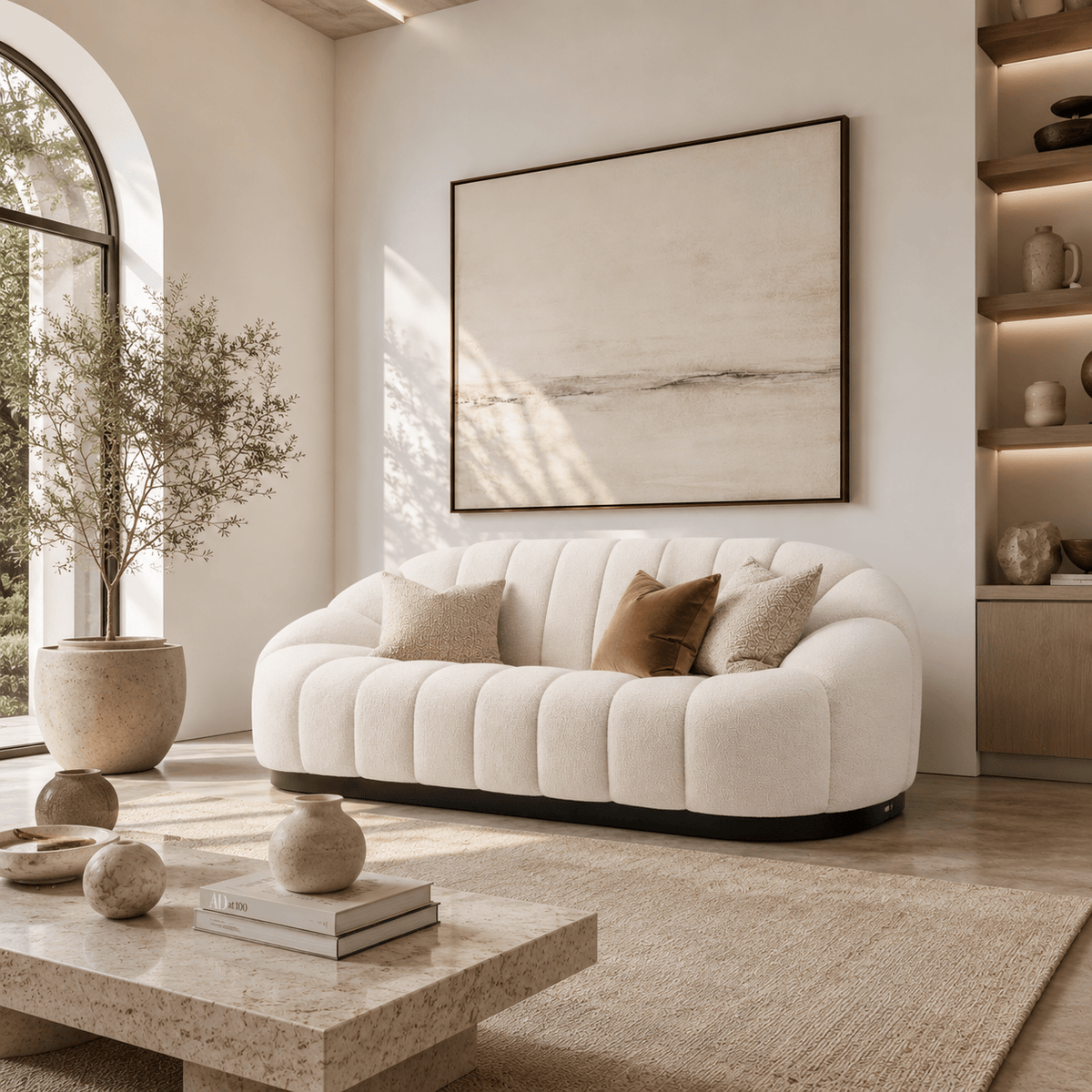 Montara Living 3-Seater Cream Contemporary Channel Tufted Sofa with Rounded Arms