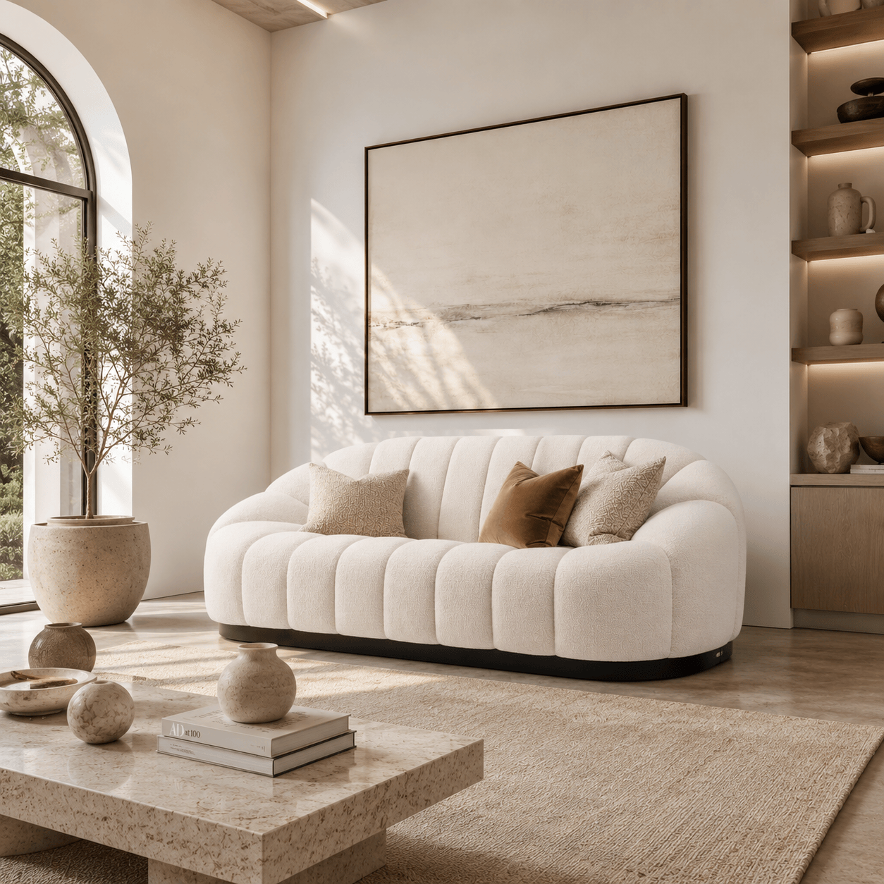 Montara Living 3-Seater Cream Contemporary Channel Tufted Sofa with Rounded Arms Image