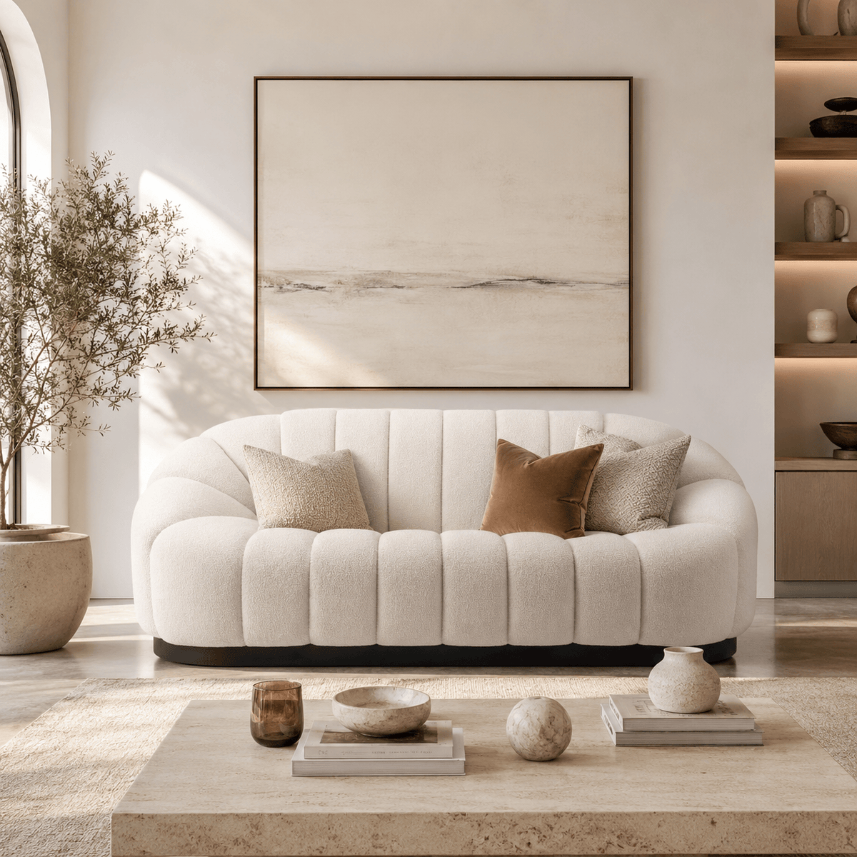 Montara Living 3-Seater Cream Contemporary Channel Tufted Sofa with Rounded Arms