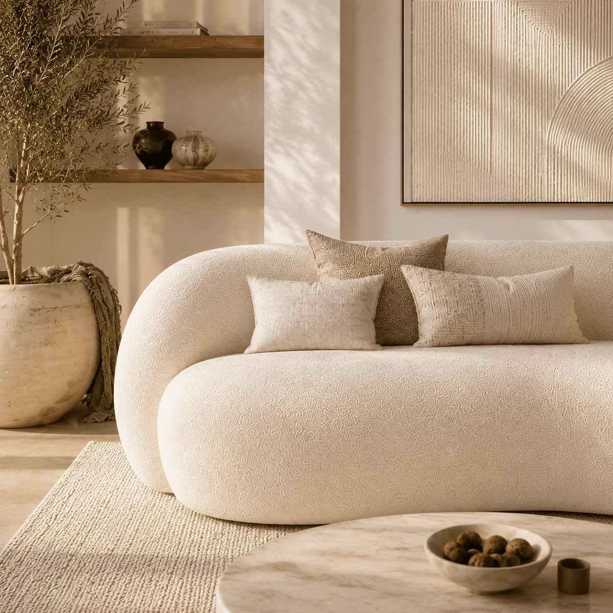 Montara Living 3-Seater Cream Contemporary Curved Sofa with Rounded Arms