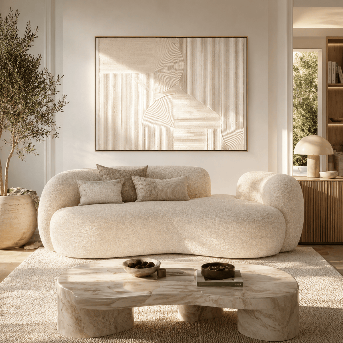 Montara Living 3-Seater Cream Contemporary Curved Sofa with Rounded Arms