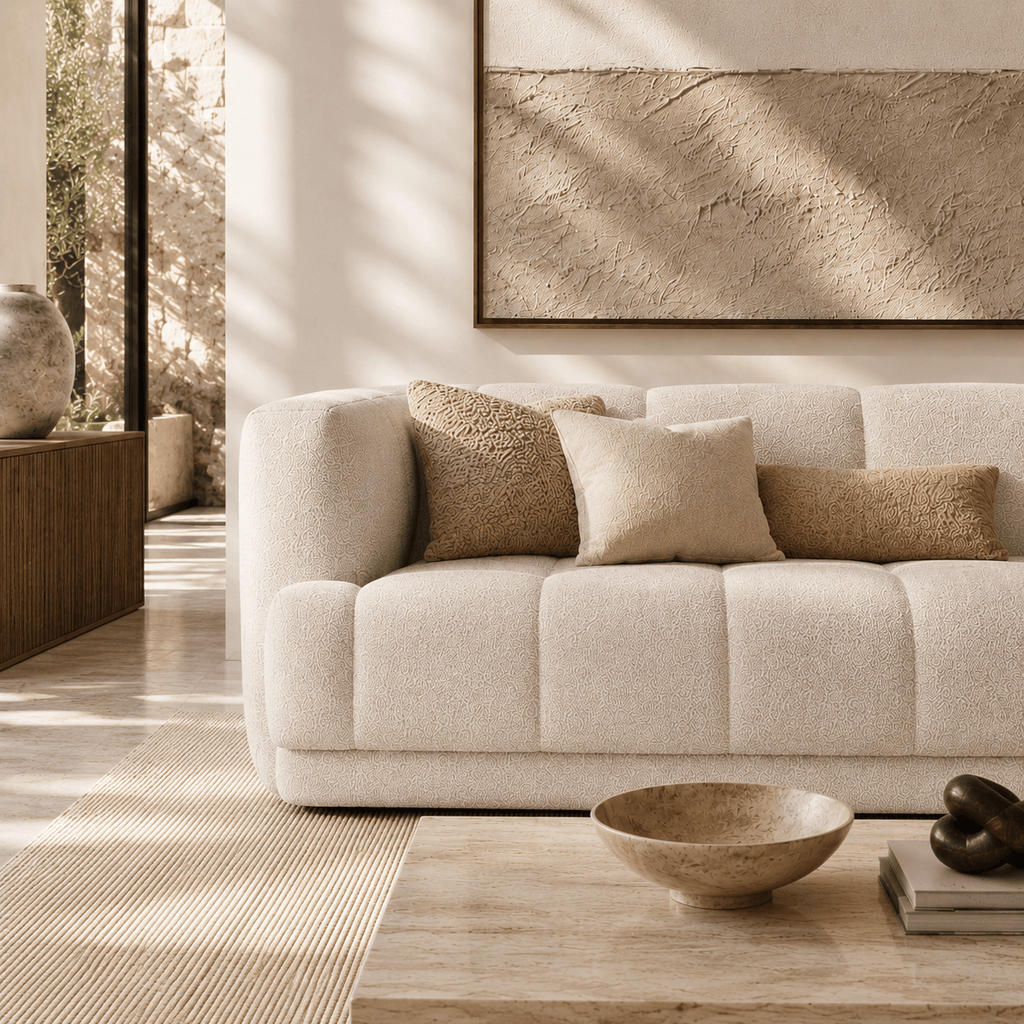 Montara Living 3-Seater Cream Contemporary Tufted Sofa with Track Arms