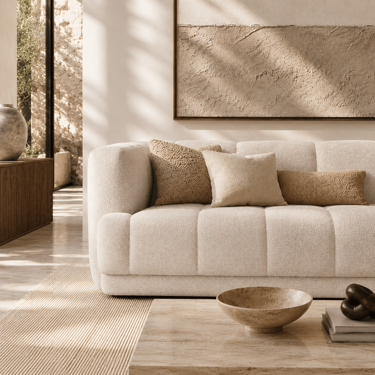 Montara Living 3-Seater Cream Contemporary Tufted Sofa with Track Arms Image