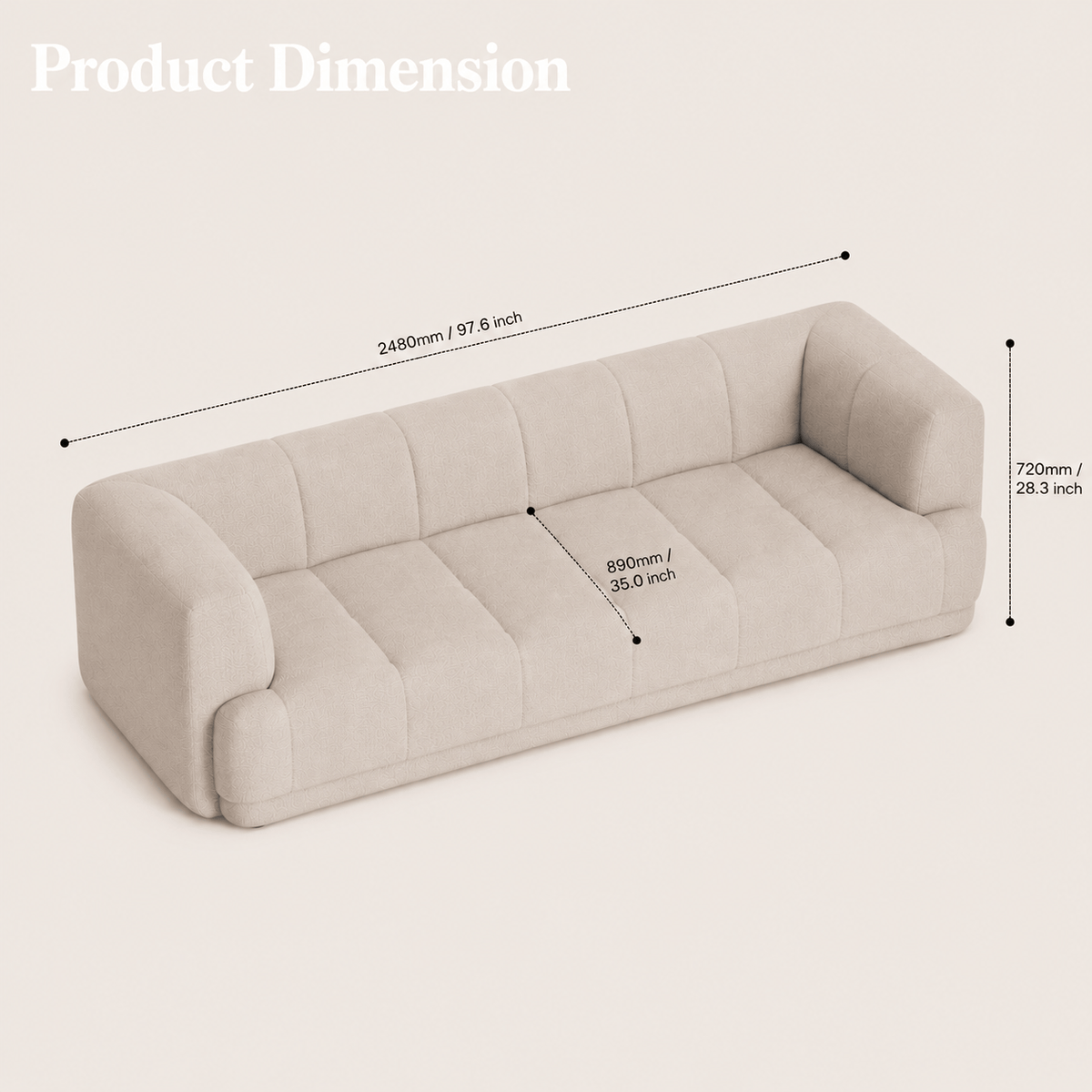 Montara Living 3-Seater Cream Contemporary Tufted Sofa with Track Arms