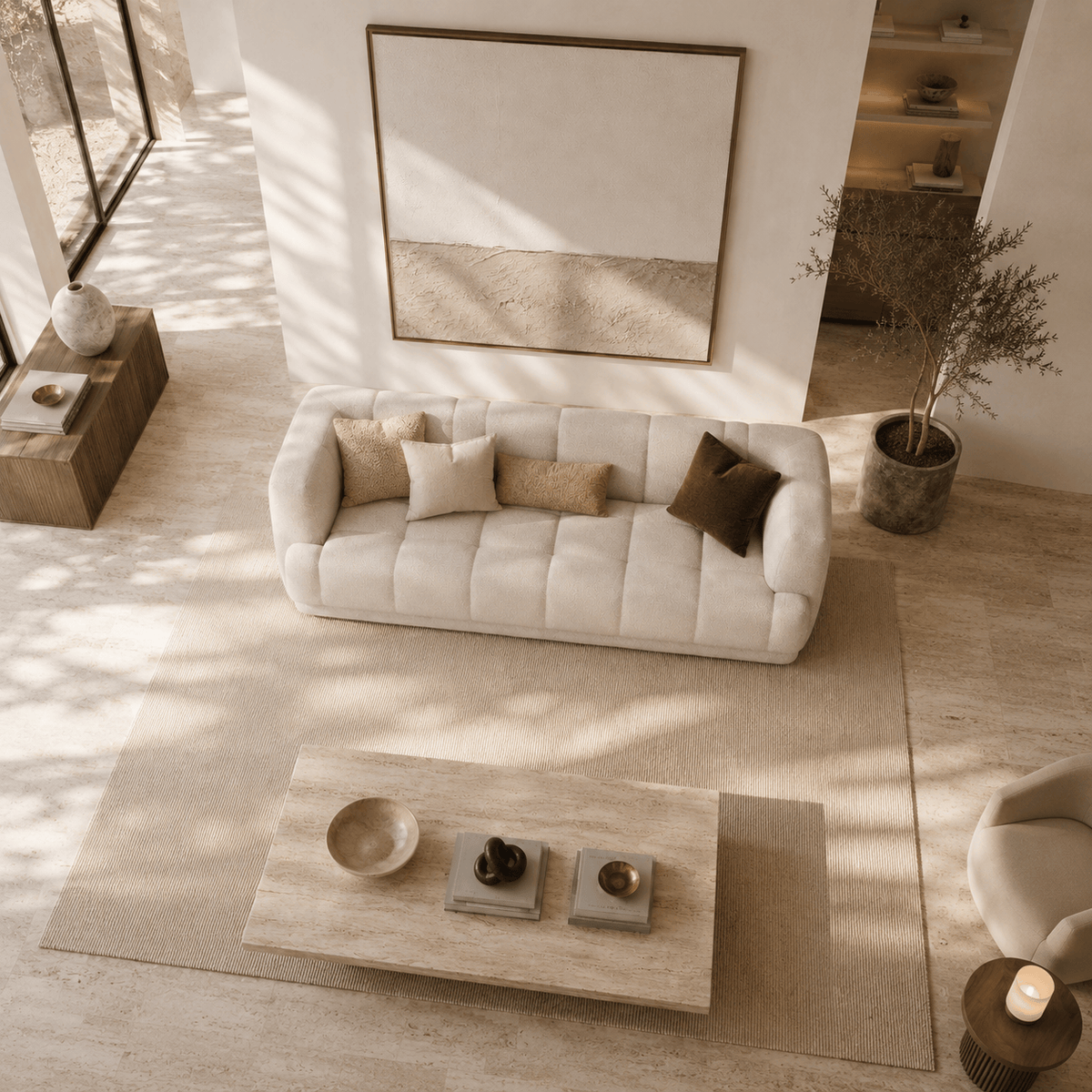 Montara Living 3-Seater Cream Contemporary Tufted Sofa with Track Arms