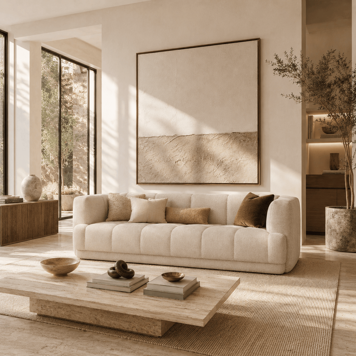 Montara Living 3-Seater Cream Contemporary Tufted Sofa with Track Arms