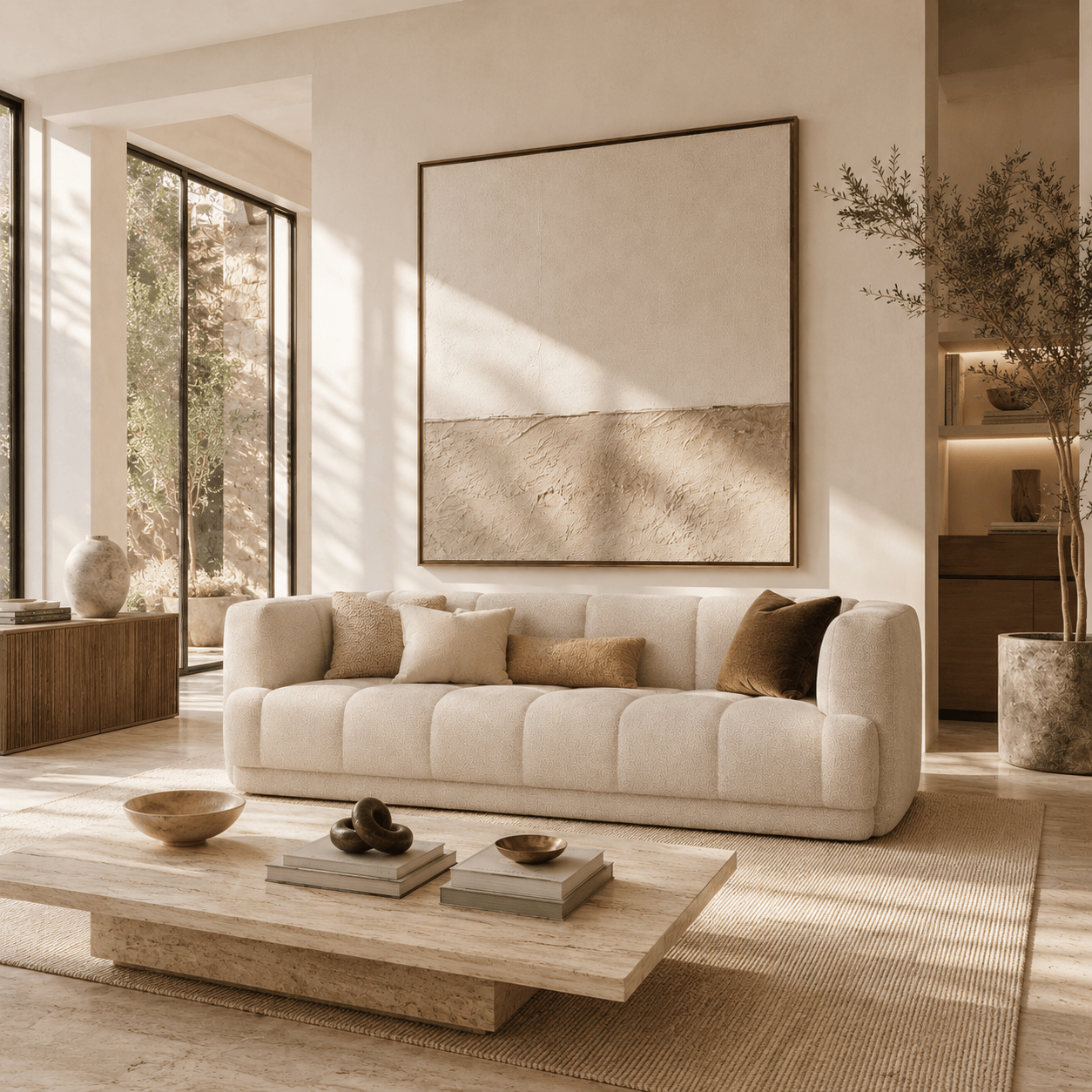 Montara Living 3-Seater Cream Contemporary Tufted Sofa with Track Arms Image