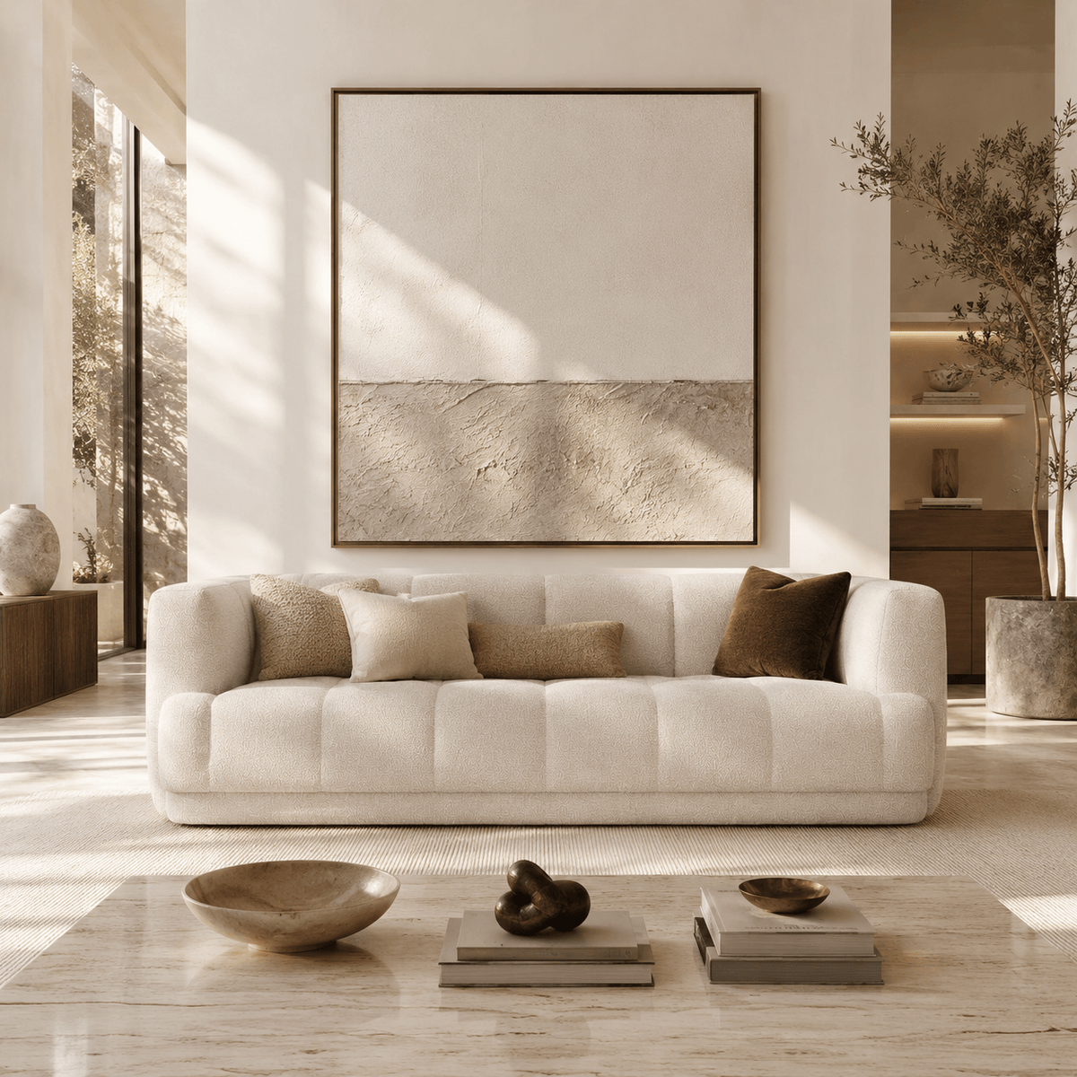 Montara Living 3-Seater Cream Contemporary Tufted Sofa with Track Arms