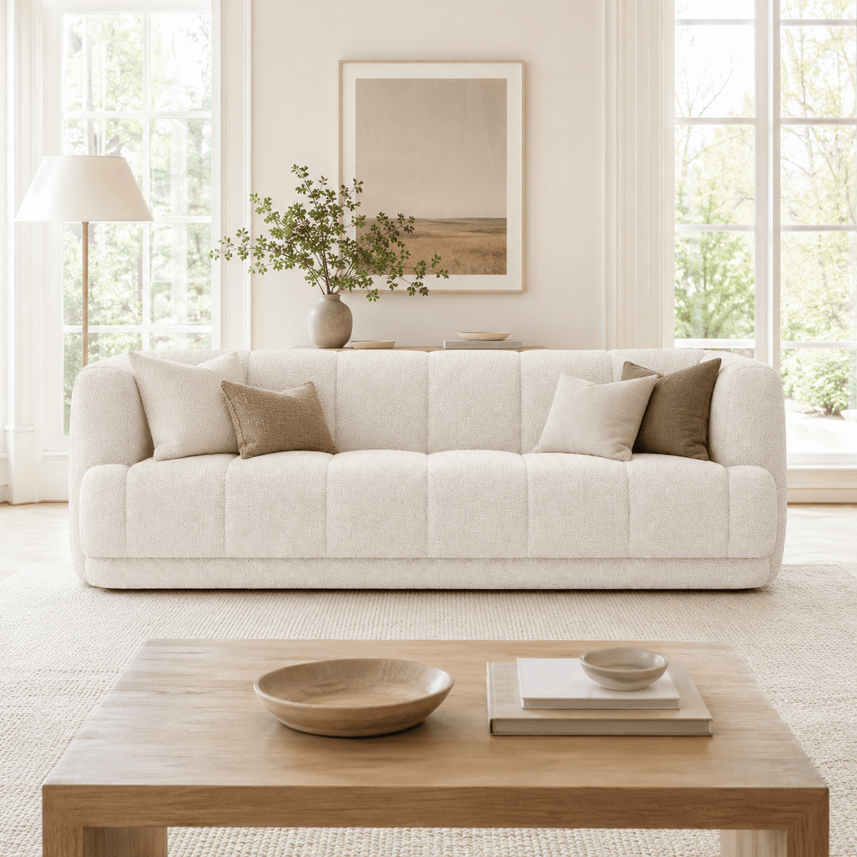 Montara Living 3-Seater Cream Contemporary Tufted Sofa with Track Arms Image