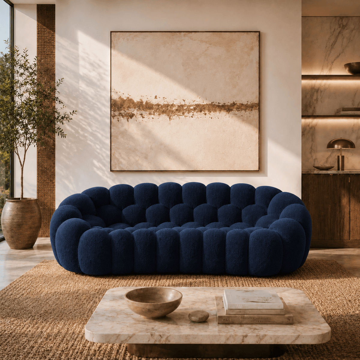 Montara Living 3-Seater Navy Blue Contemporary Bubble Sofa with Rounded Shape
