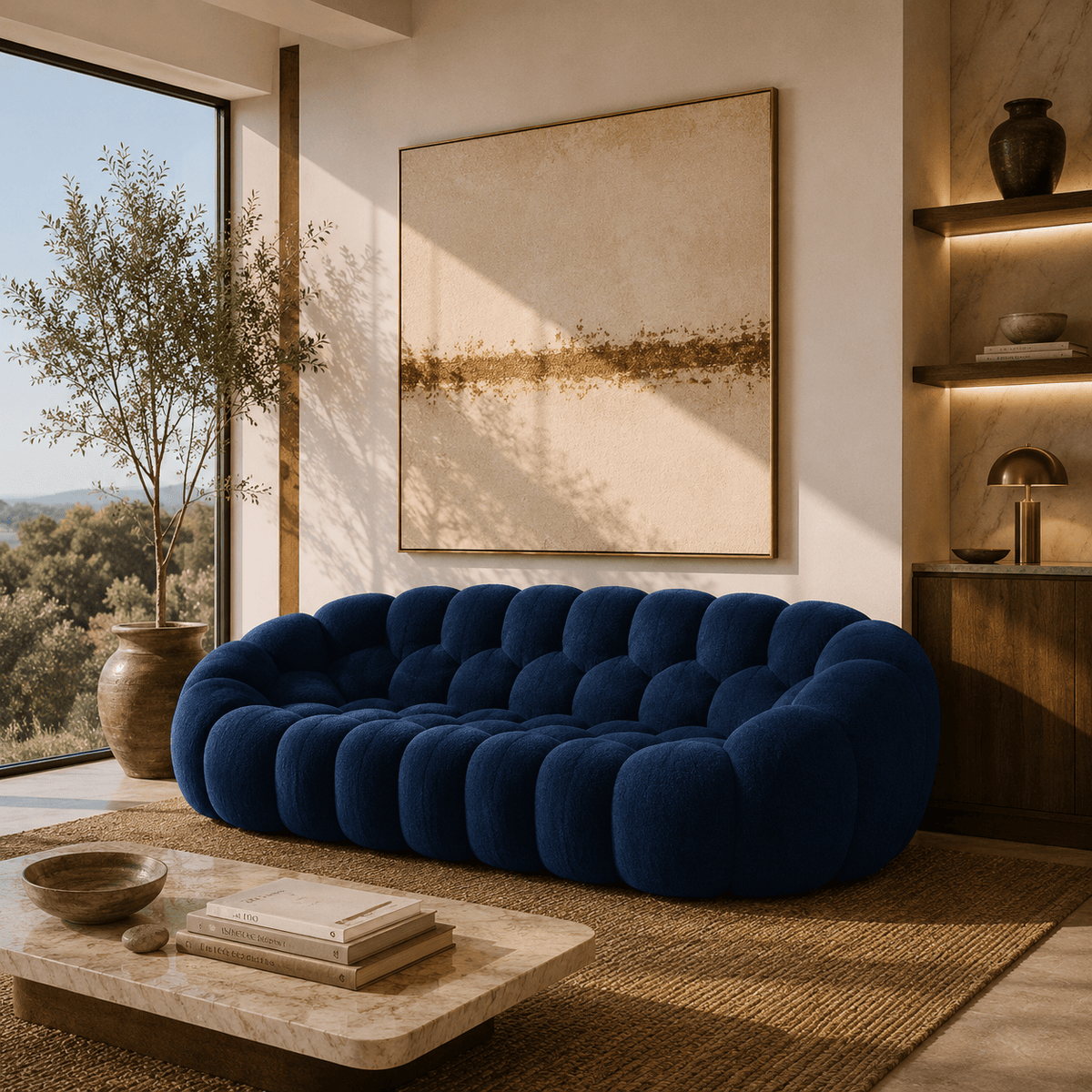 Montara Living 3-Seater Navy Blue Contemporary Bubble Sofa with Rounded Shape