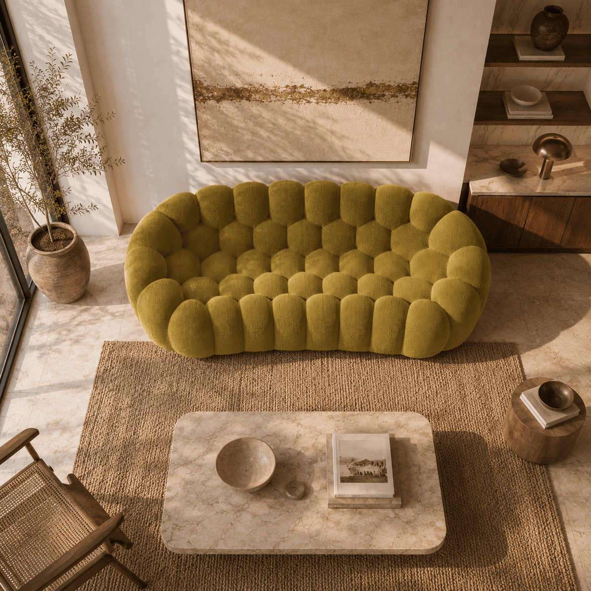 Montara Living 3-Seater Olive Green Contemporary Bubble Sofa with Rounded Shape