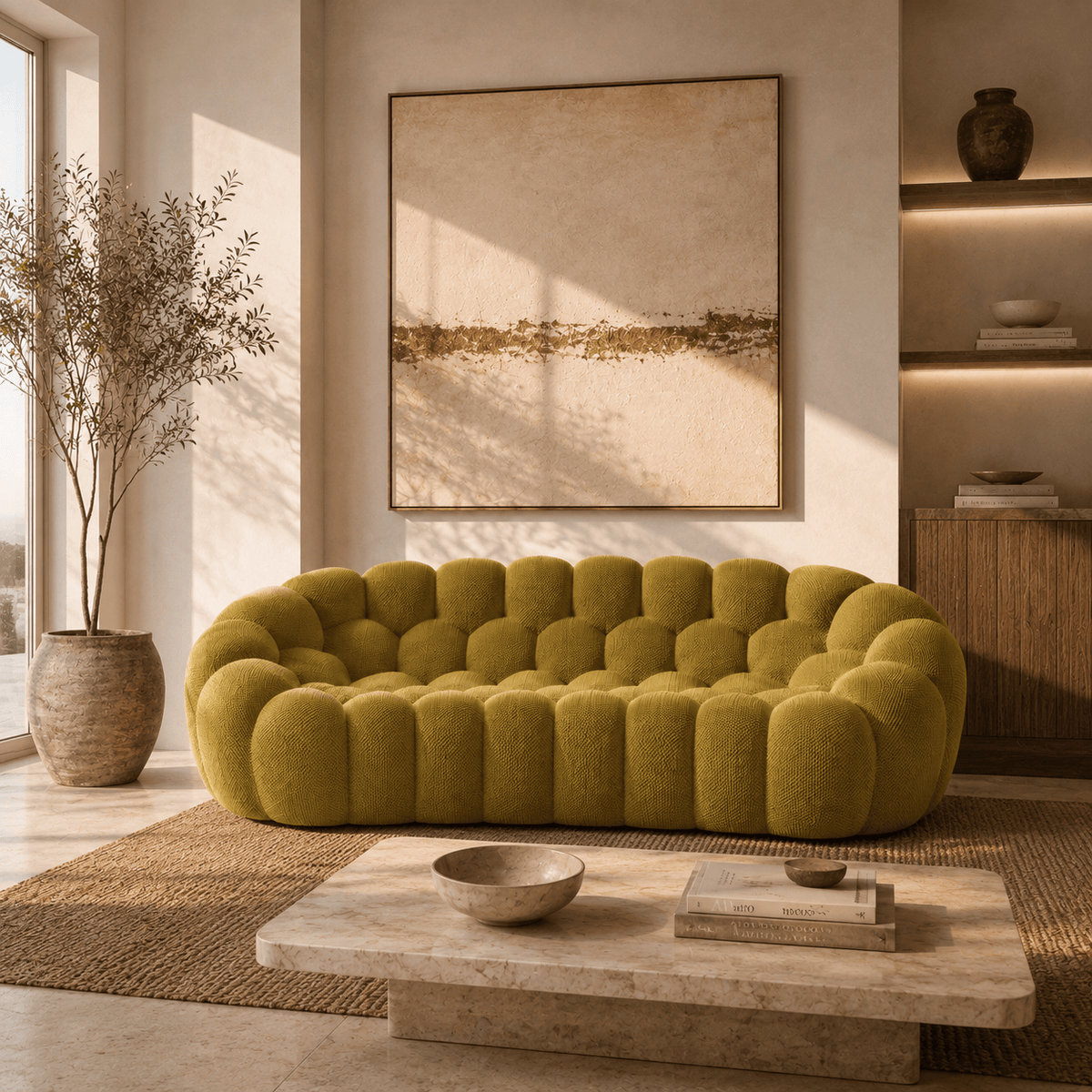 Montara Living 3-Seater Olive Green Contemporary Bubble Sofa with Rounded Shape
