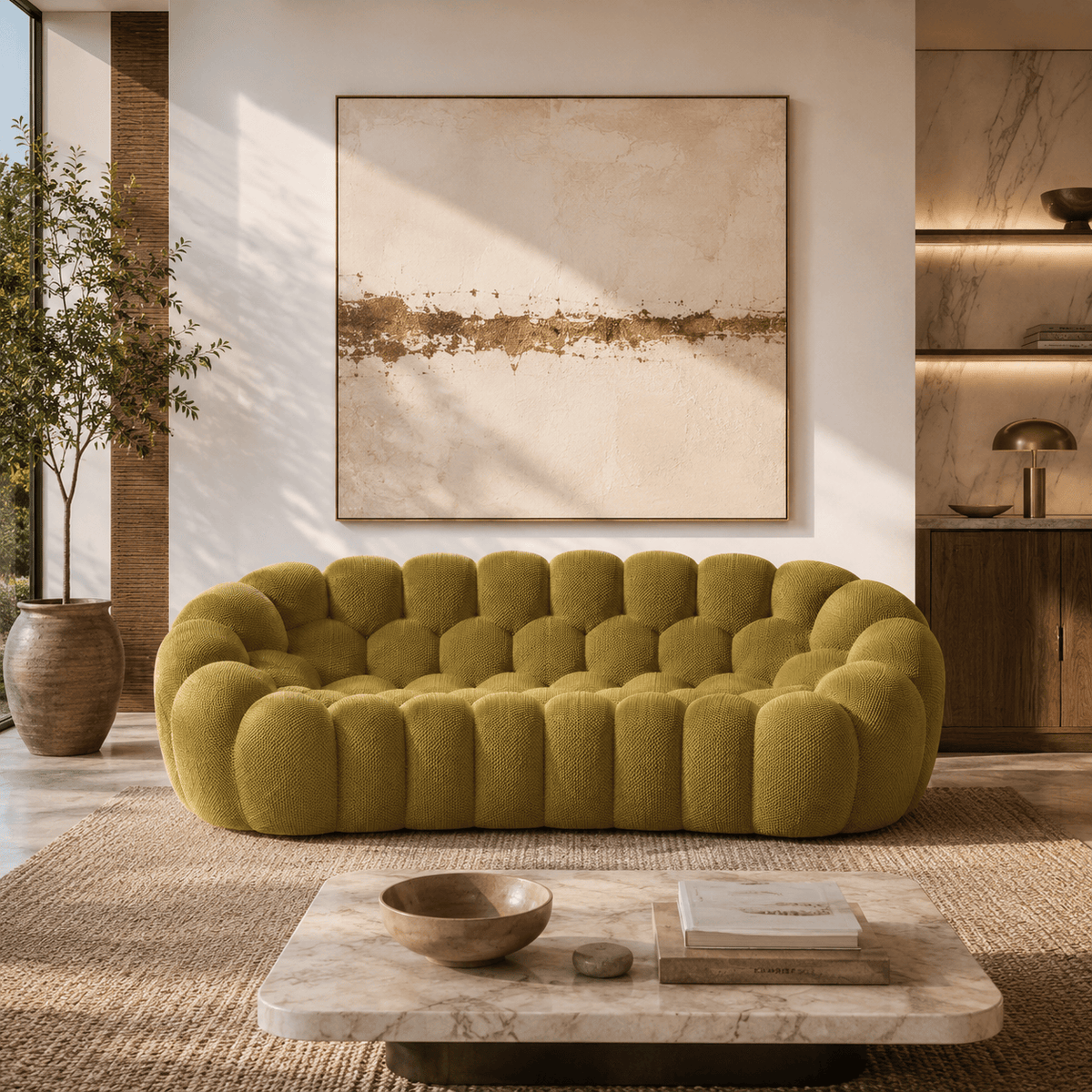 Montara Living 3-Seater Olive Green Contemporary Bubble Sofa with Rounded Shape