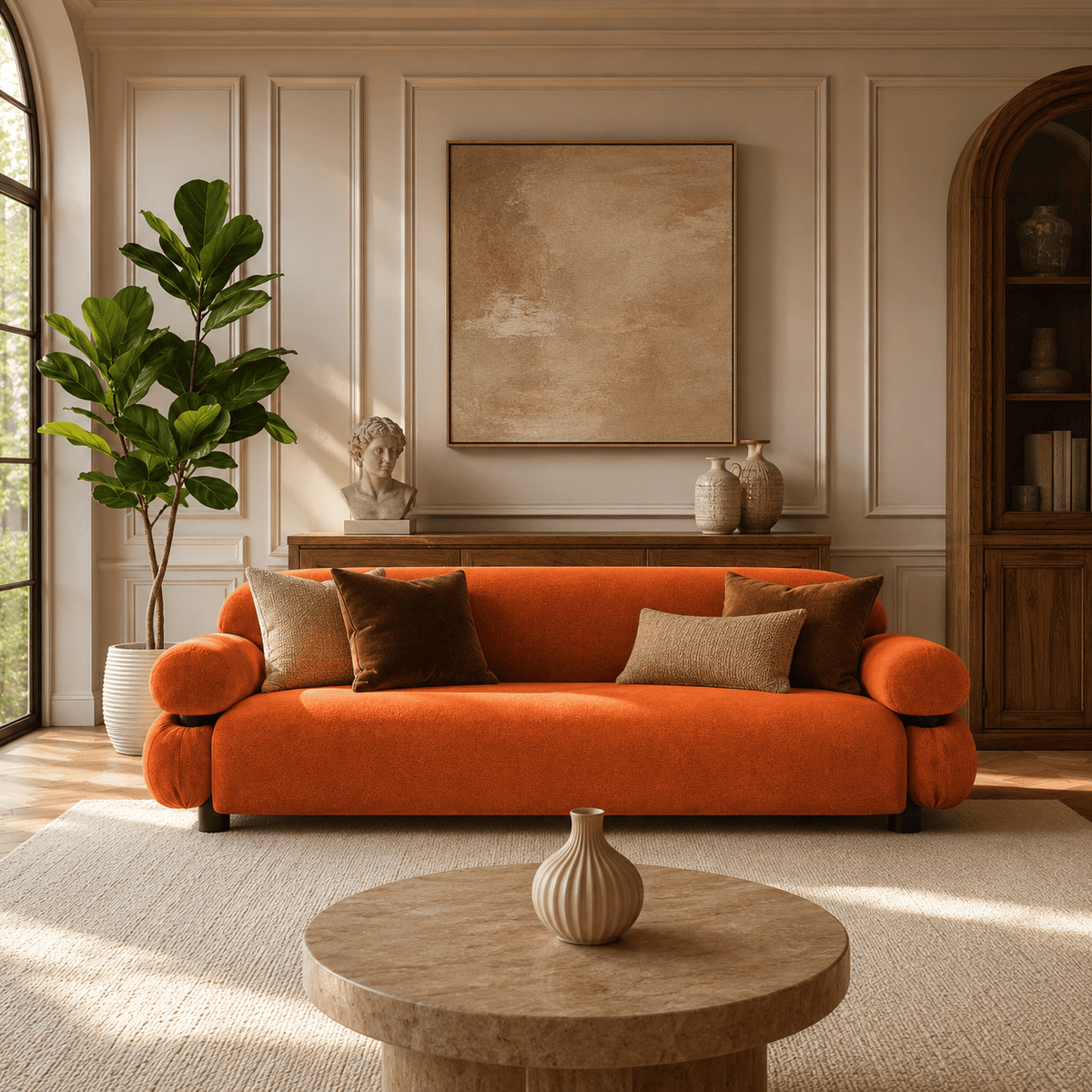 Montara Living 3-Seater Orange Contemporary Rounded Arm Sofa