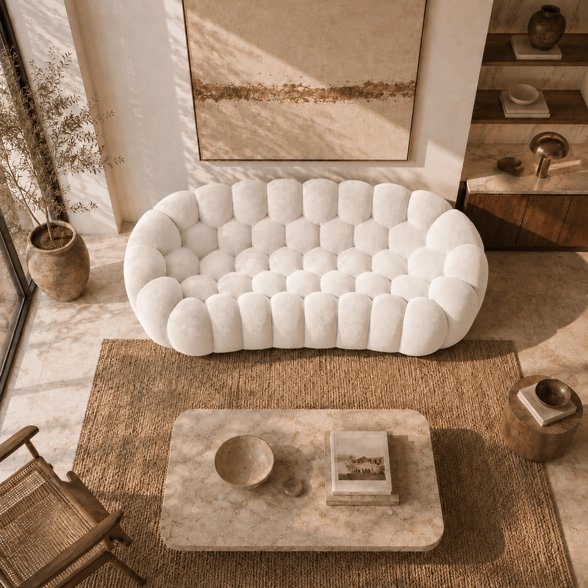 Montara Living 3-Seater White Contemporary Bubble Sofa with Rounded Shape