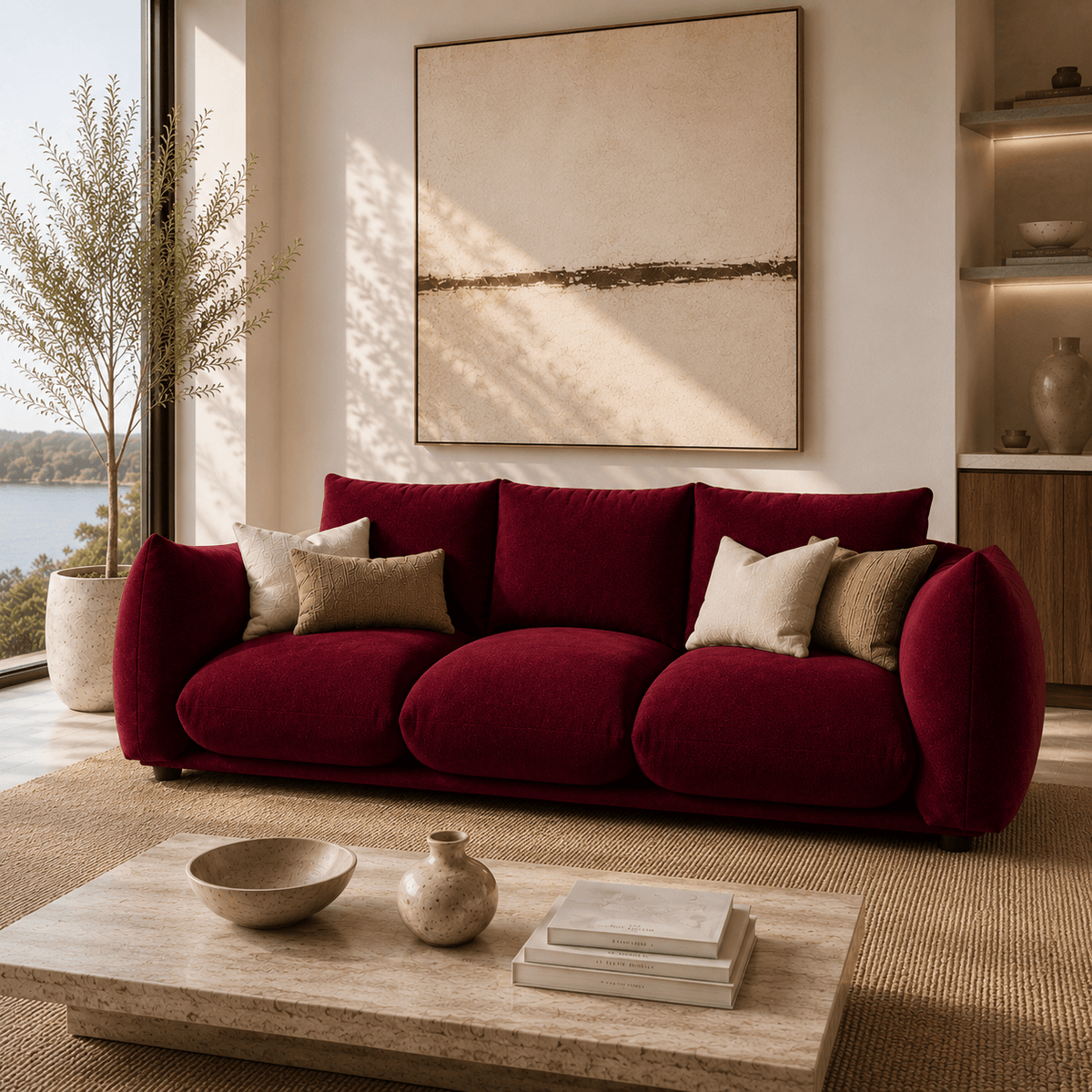 Montara Living 4-Seater Burgundy Contemporary Sofa with Curved Arms