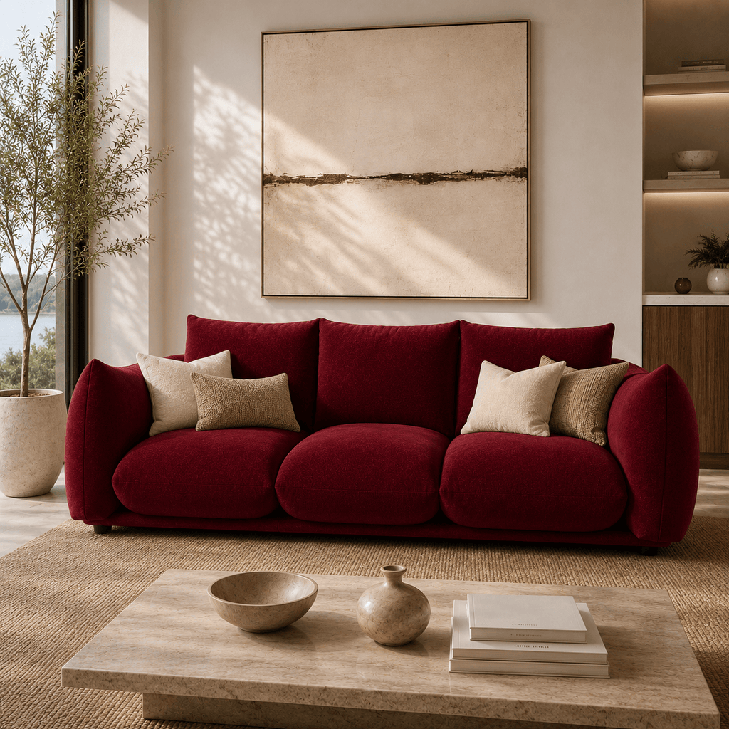 Montara Living 4-Seater Burgundy Contemporary Sofa with Curved Arms