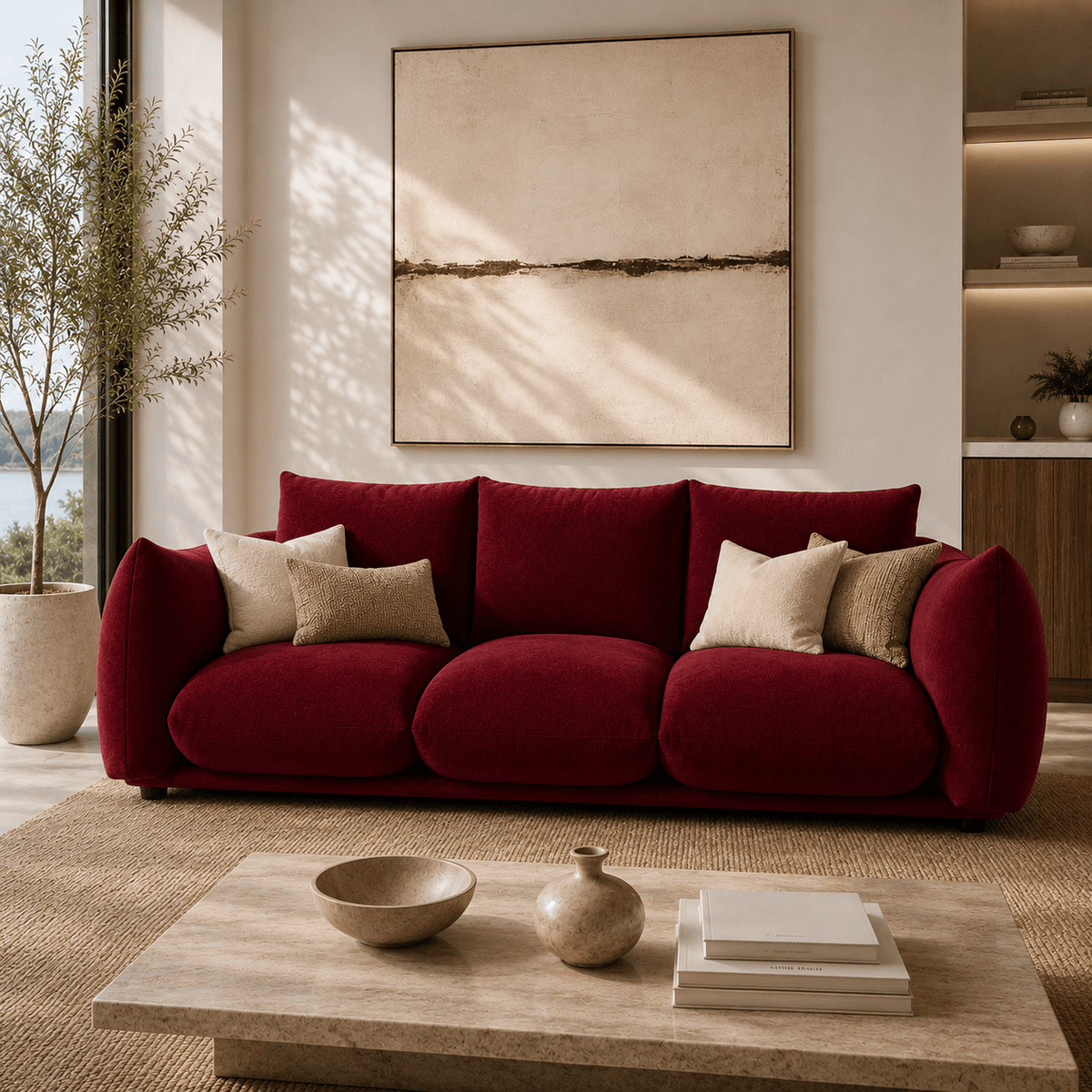 Montara Living 4-Seater Burgundy Contemporary Sofa with Curved Arms