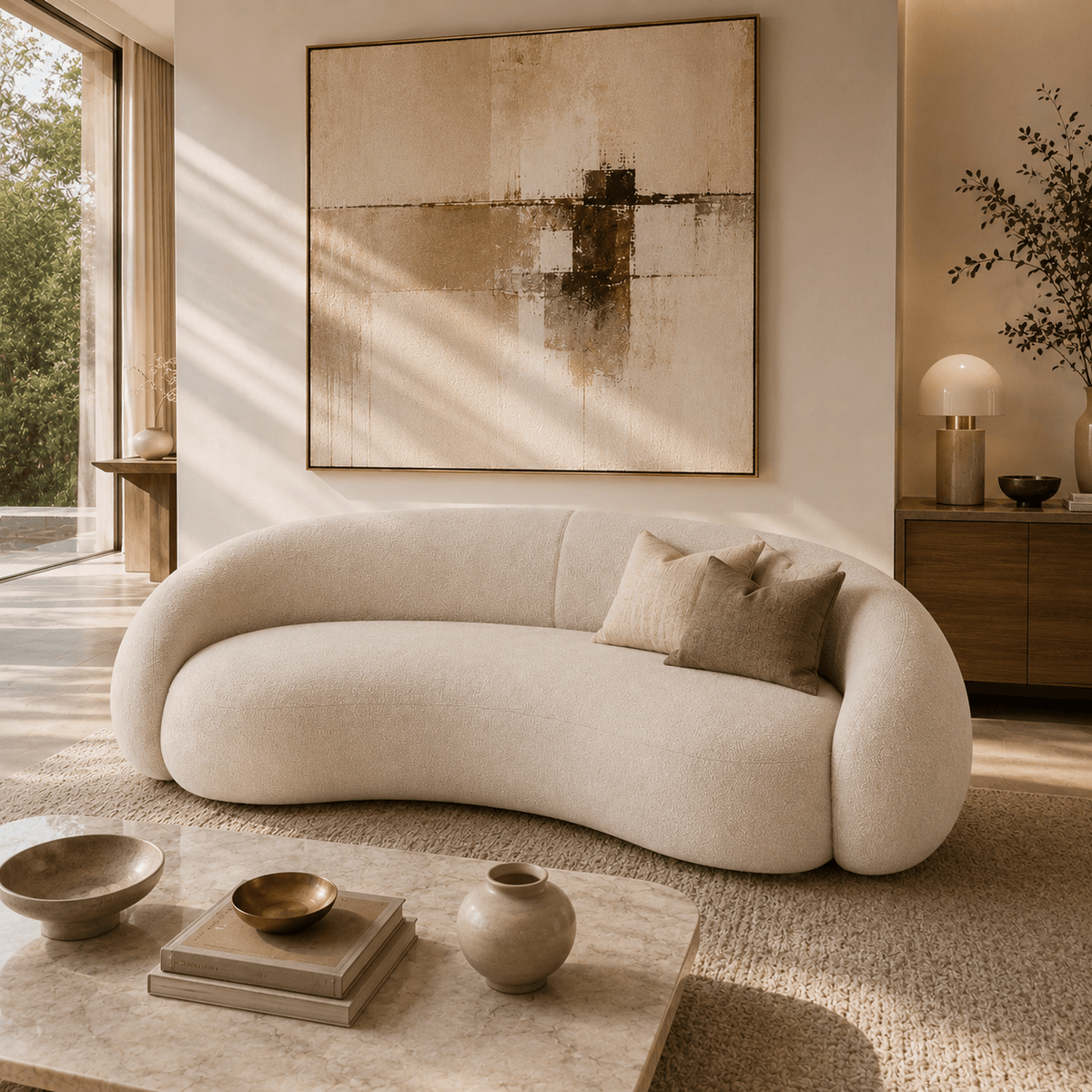 Montara Living 4-Seater Cream Contemporary Curved Sofa with Rounded Back