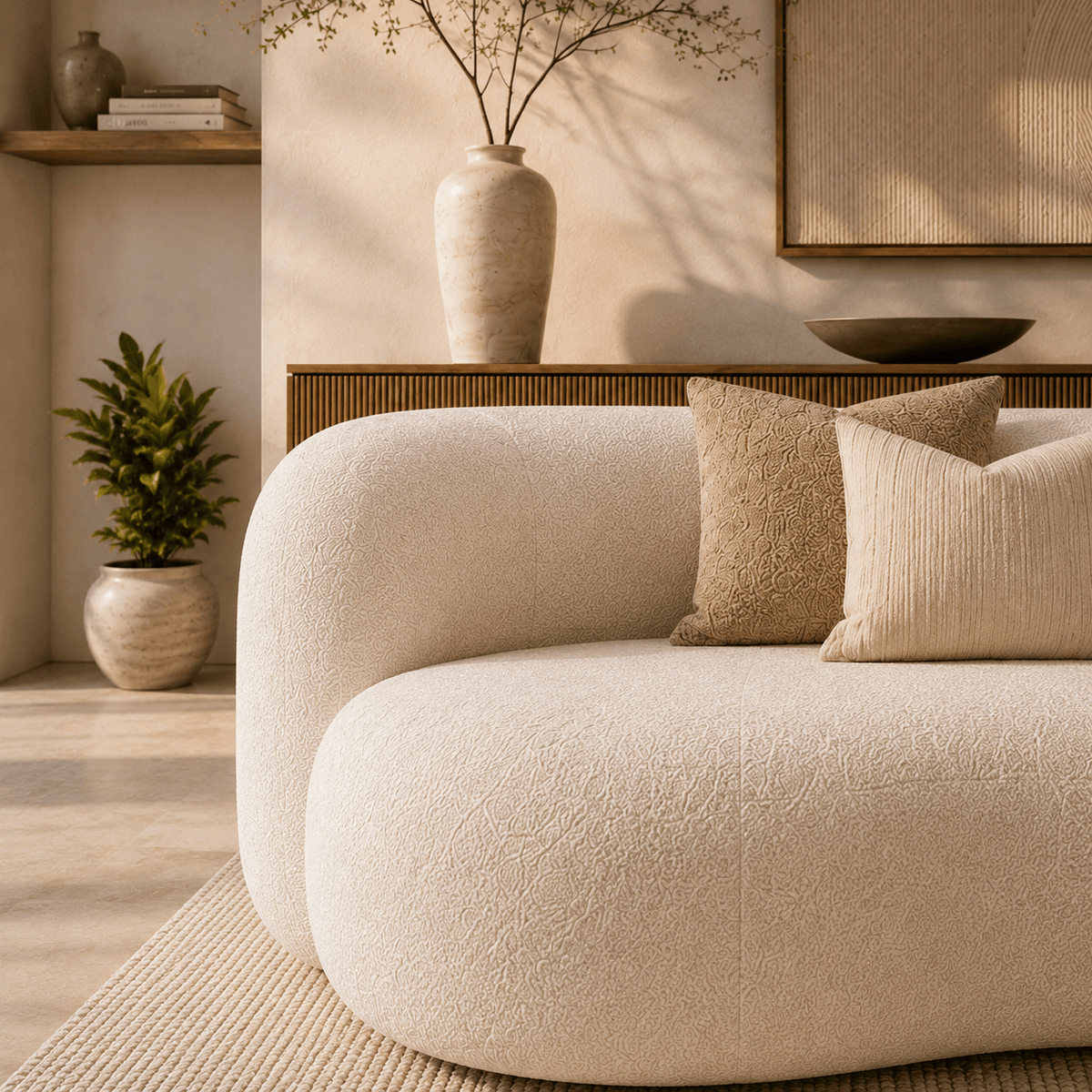 Montara Living 4-Seater Cream Contemporary Curved Sofa with Rounded Silhouette