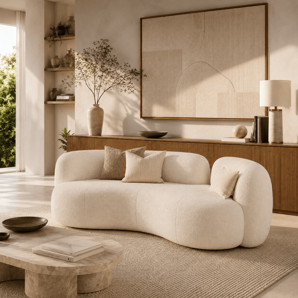 Montara Living 4-Seater Cream Contemporary Curved Sofa with Rounded Silhouette