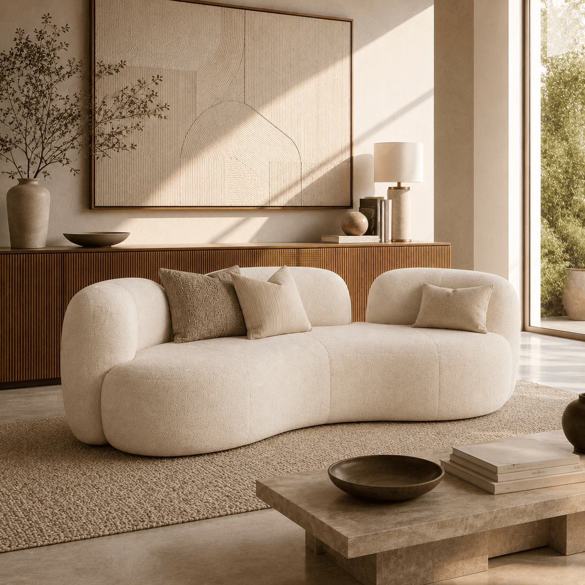 Montara Living 4-Seater Cream Contemporary Curved Sofa with Rounded Silhouette