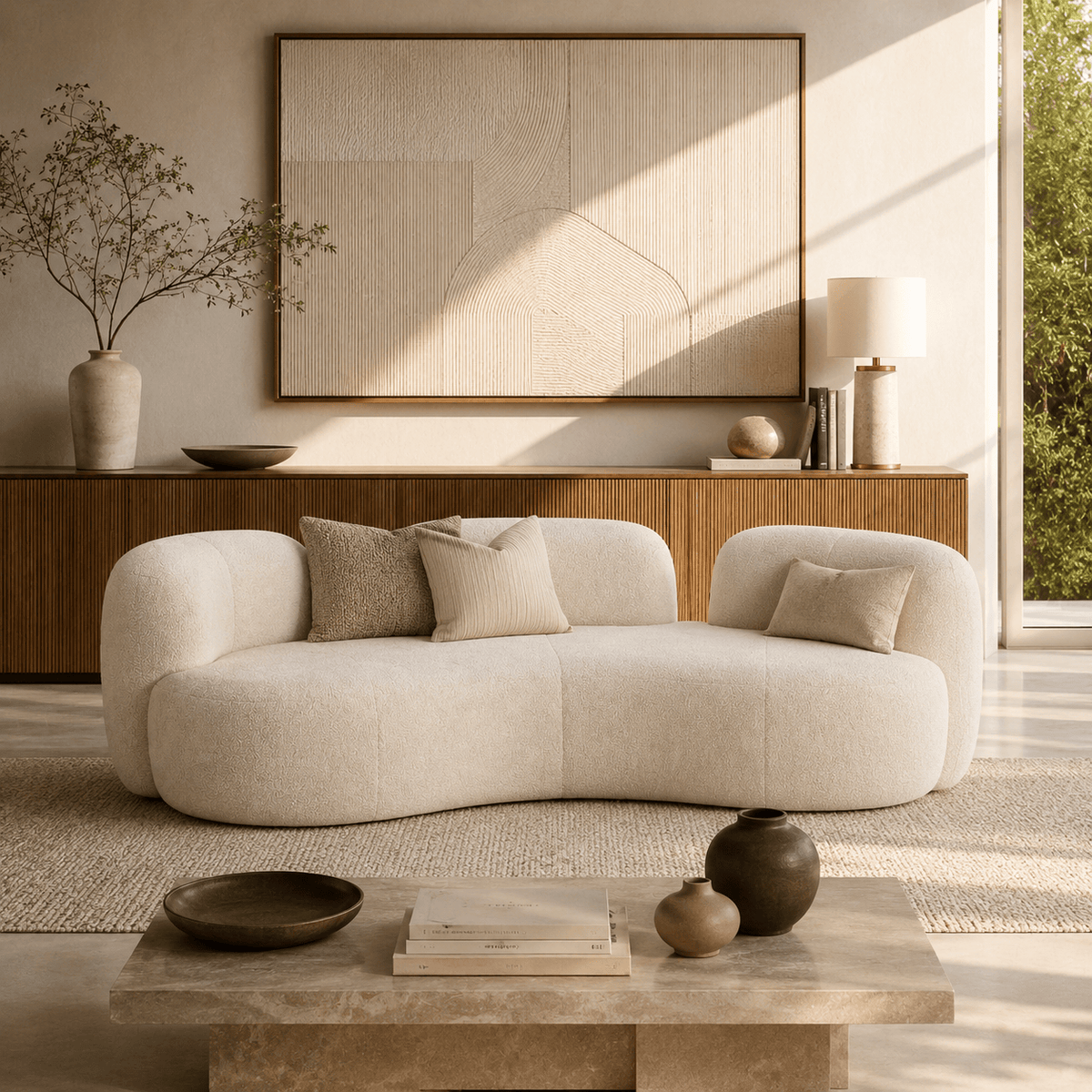 Montara Living 4-Seater Cream Contemporary Curved Sofa with Rounded Silhouette