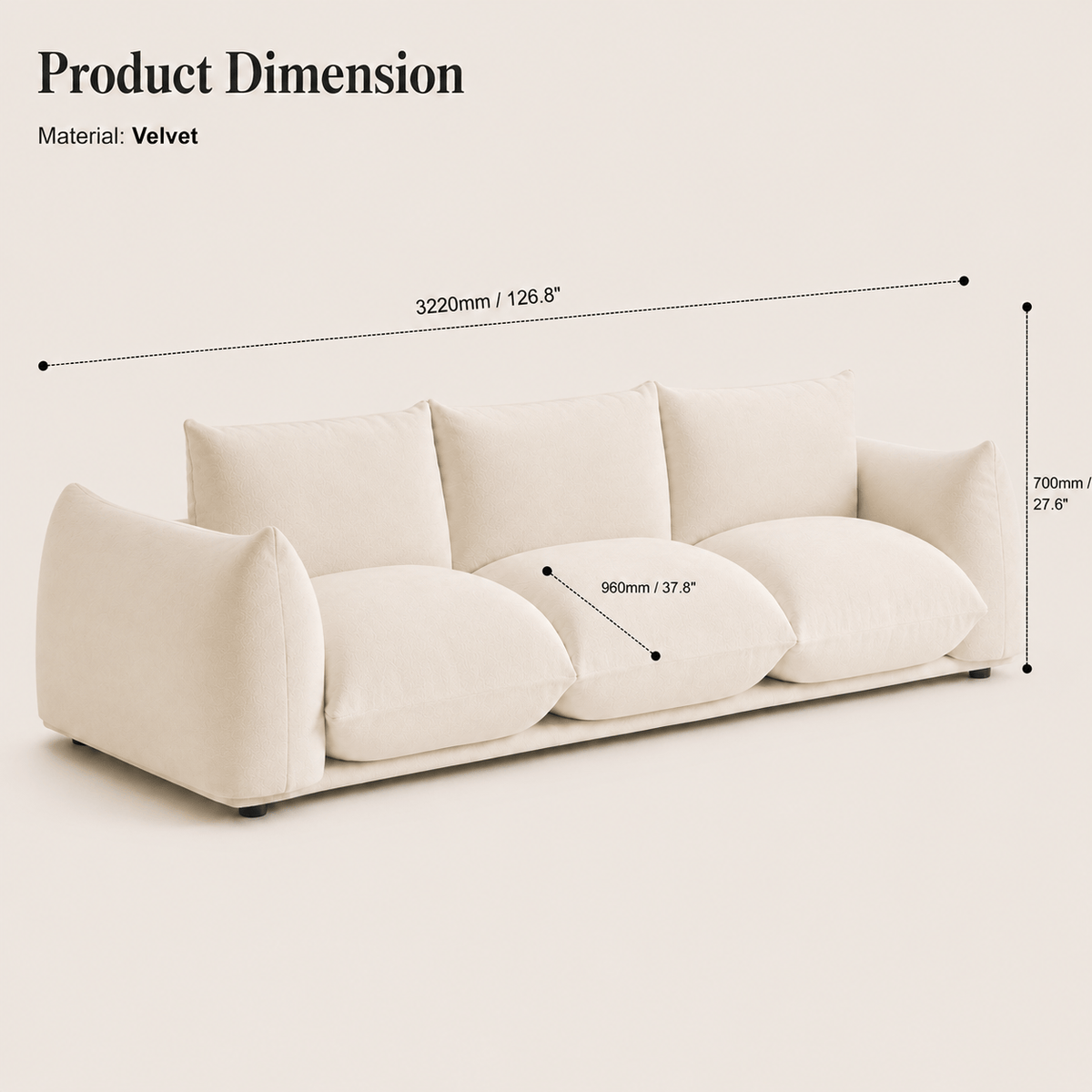 Montara Living 4-Seater Cream Contemporary Sofa with Curved Arms